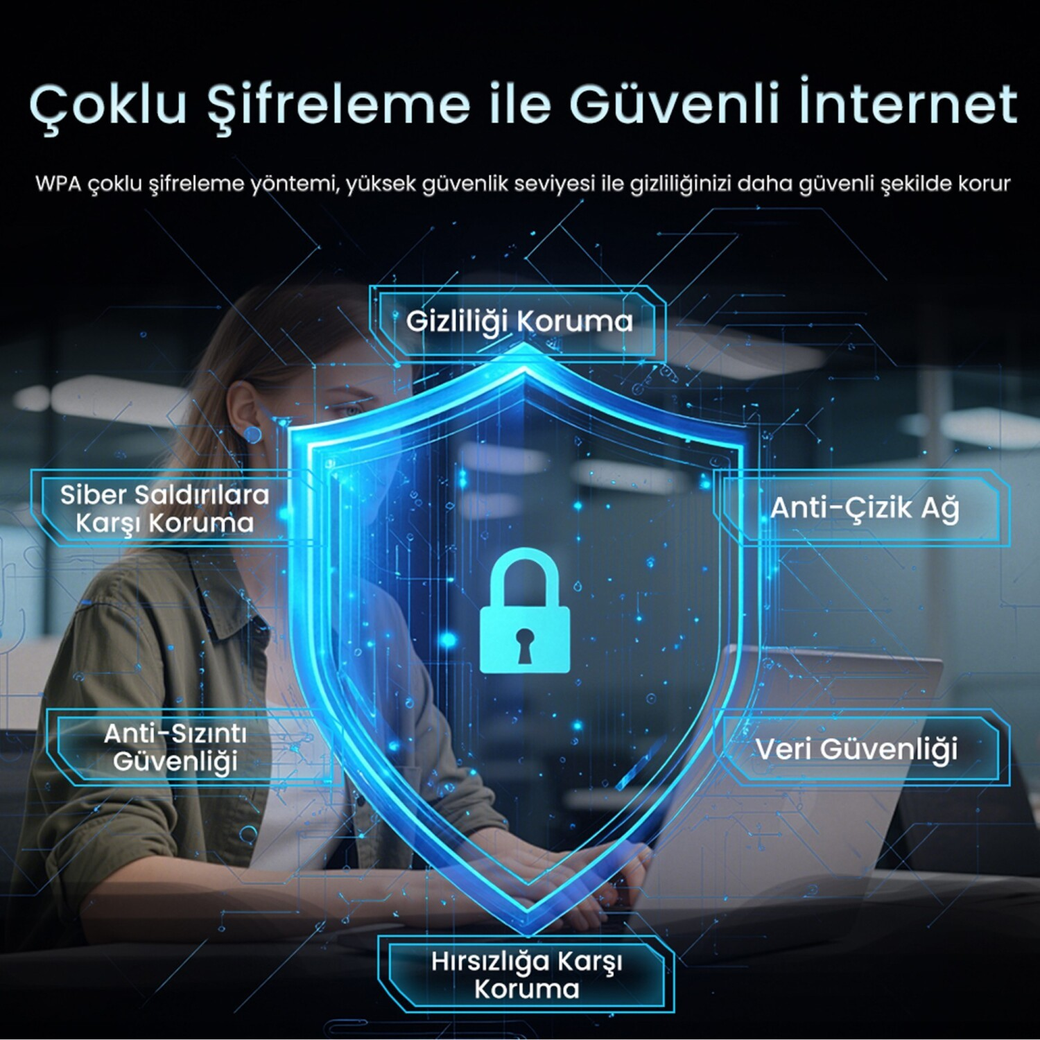 Kilit simgeli parlayan mavi dijital kalkan, dizüstü bilgisayar kullanan bir kadının üzerinde güvenlik özelliklerini gösteriyor.