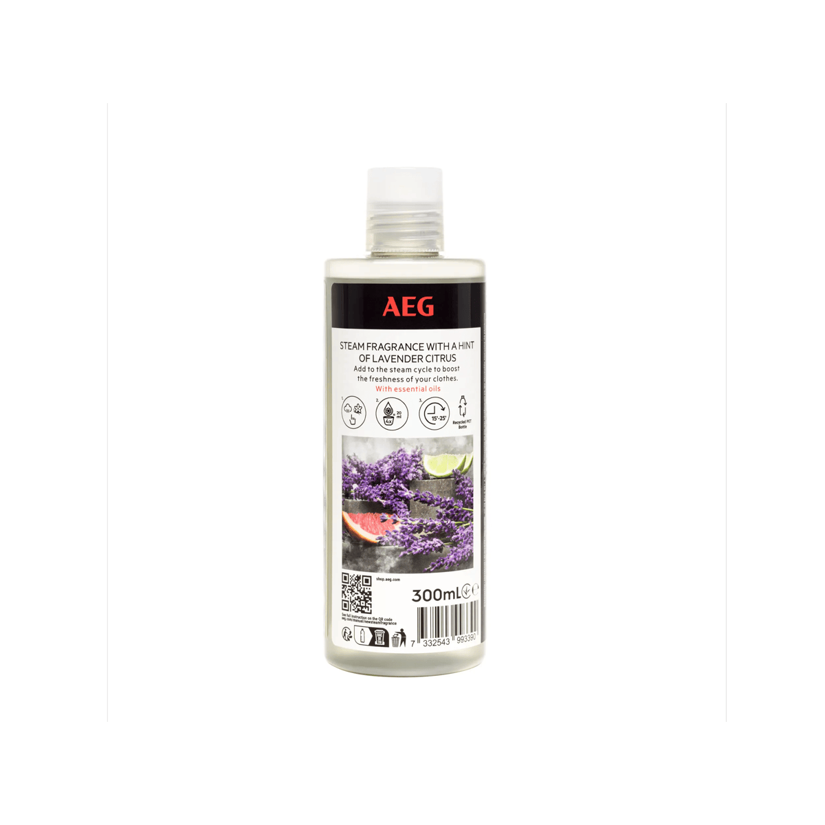 Un flacone di fragranza per vapore AEG da 300ml con immagini di lavanda e agrumi su sfondo bianco.