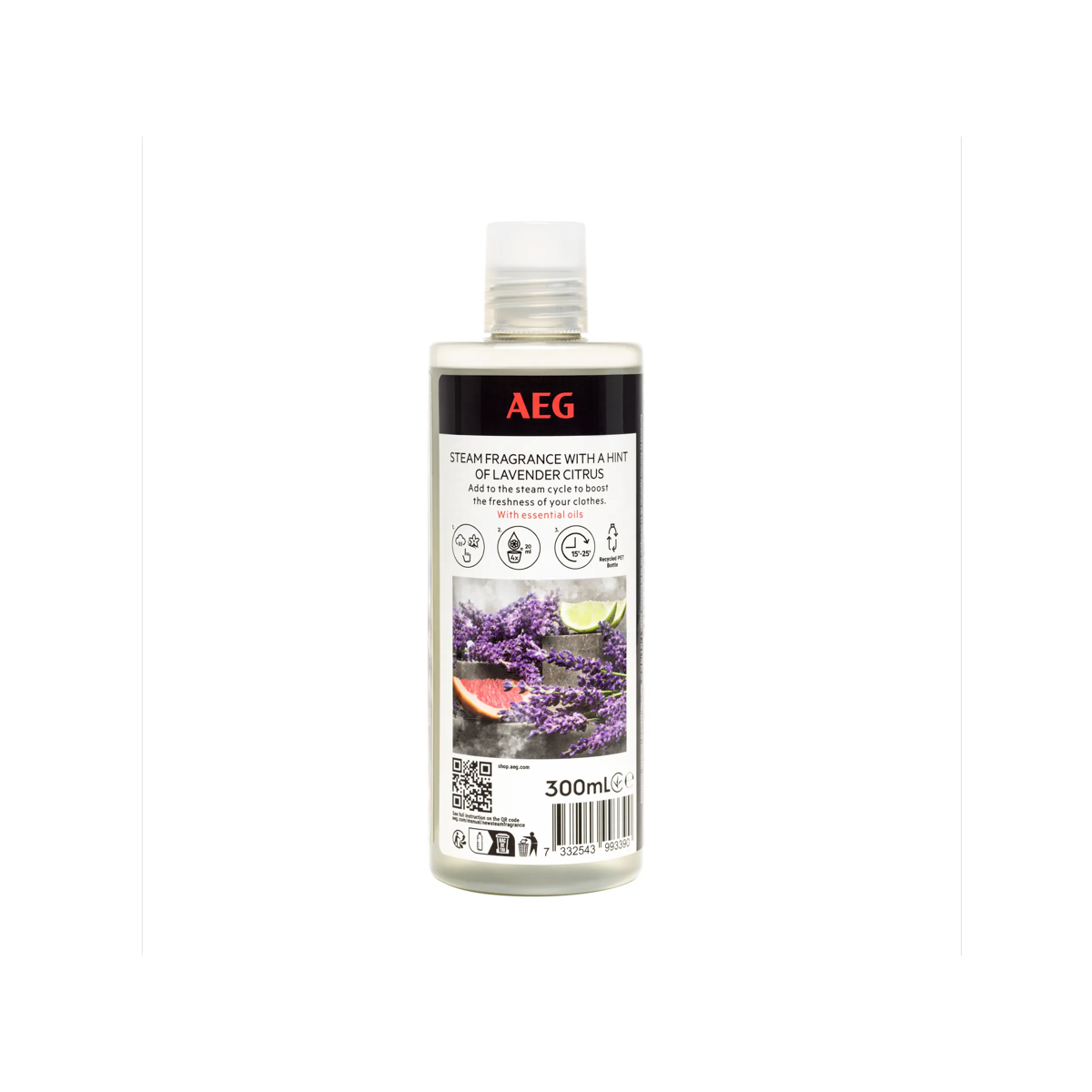 Flacone di fragranza per vapore AEG con etichetta lavanda e agrumi.