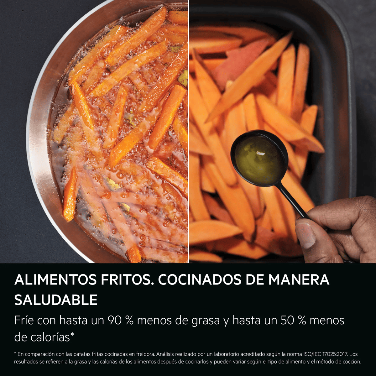 Comparación de batatas fritas y batatas saludables con aceite.