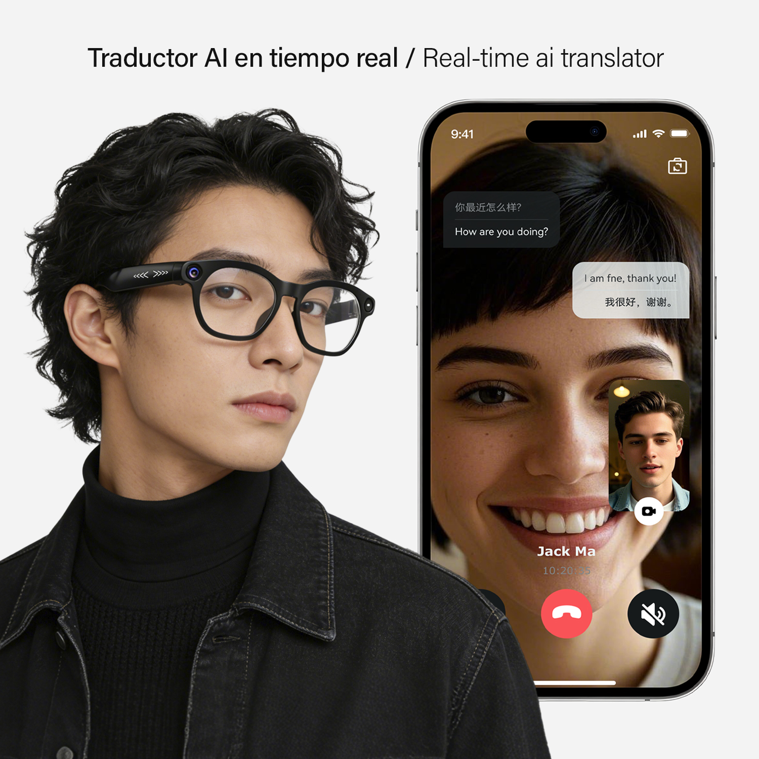 Un hombre con gafas negras está junto a un teléfono que muestra un traductor de IA en tiempo real.