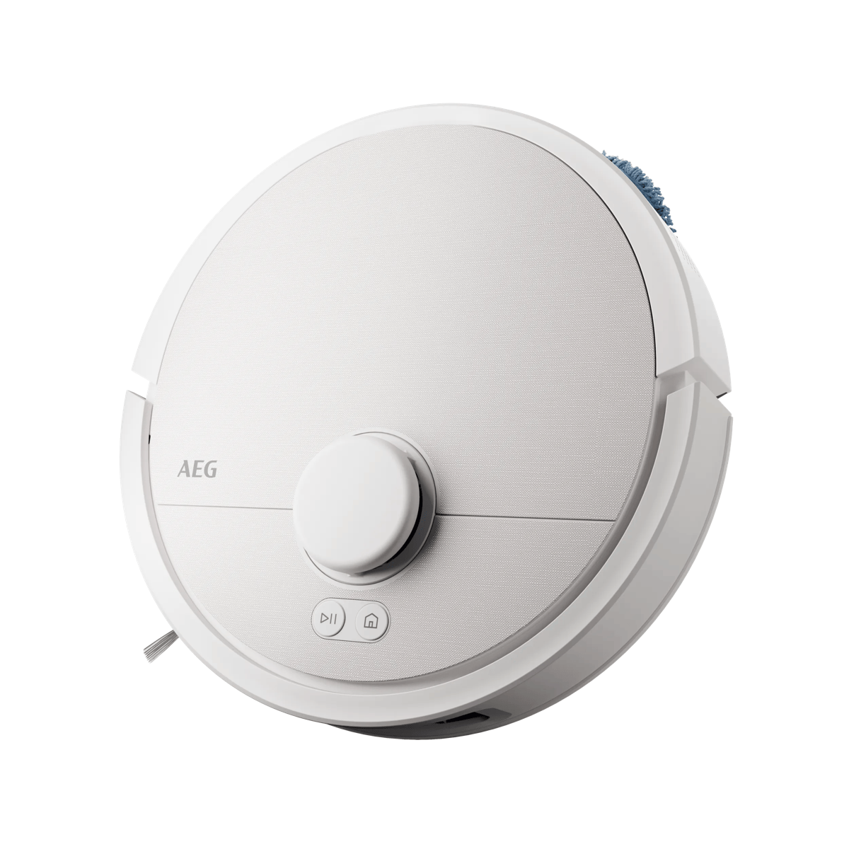 Un robot aspirador AEG blanco con un dial central y dos botones, aislado sobre fondo blanco.