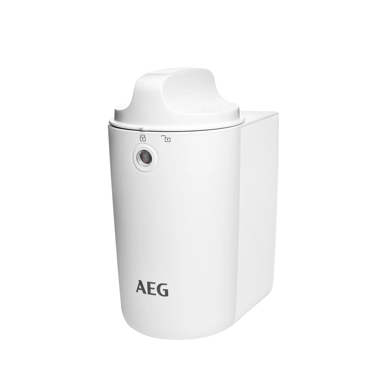 Weißer AEG Wasserfilter mit rundem Deckel und Schloss-Symbol auf weißem Hintergrund.