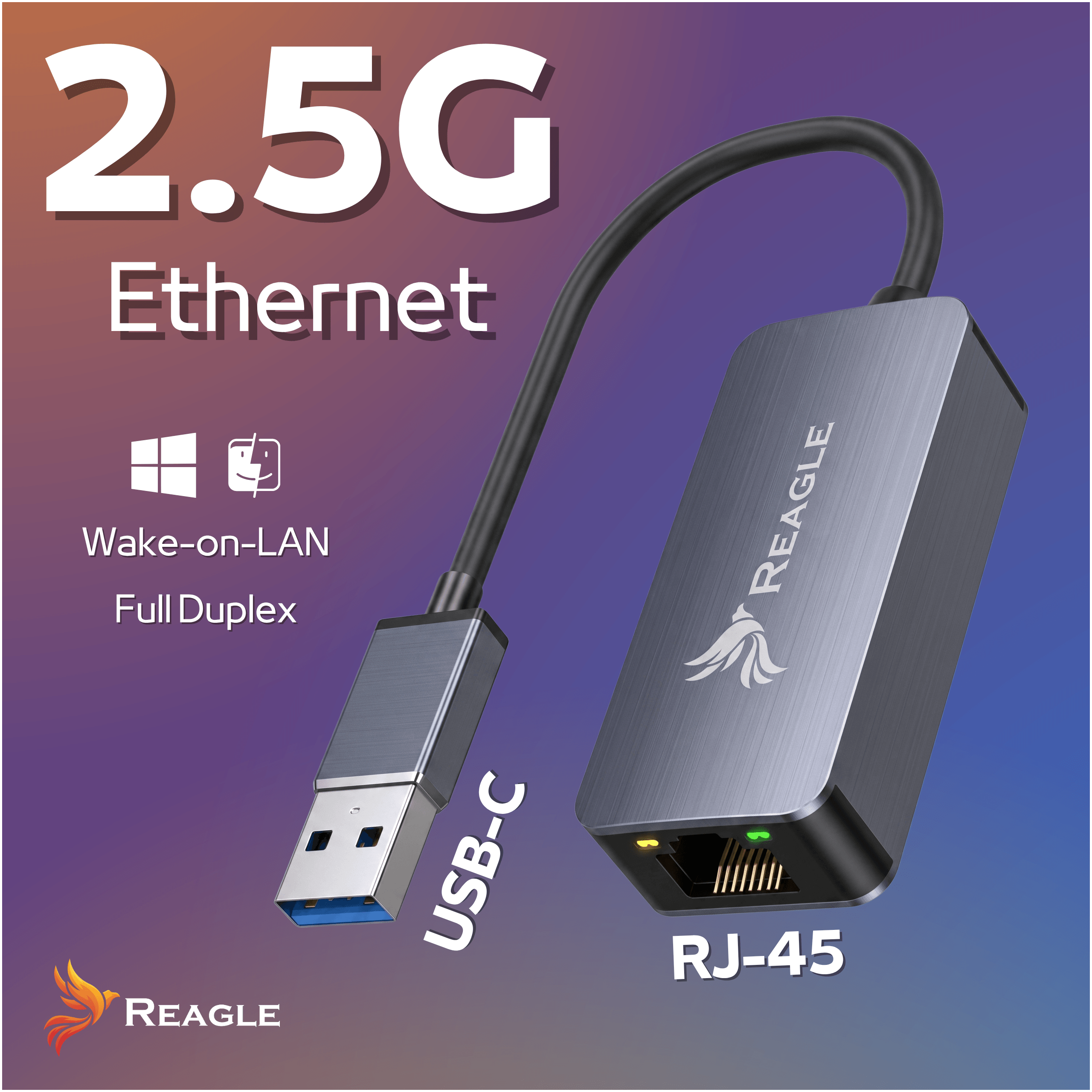 Adapter USB-C na Ethernet 2.5G marki REAGLE na fioletowym tle.