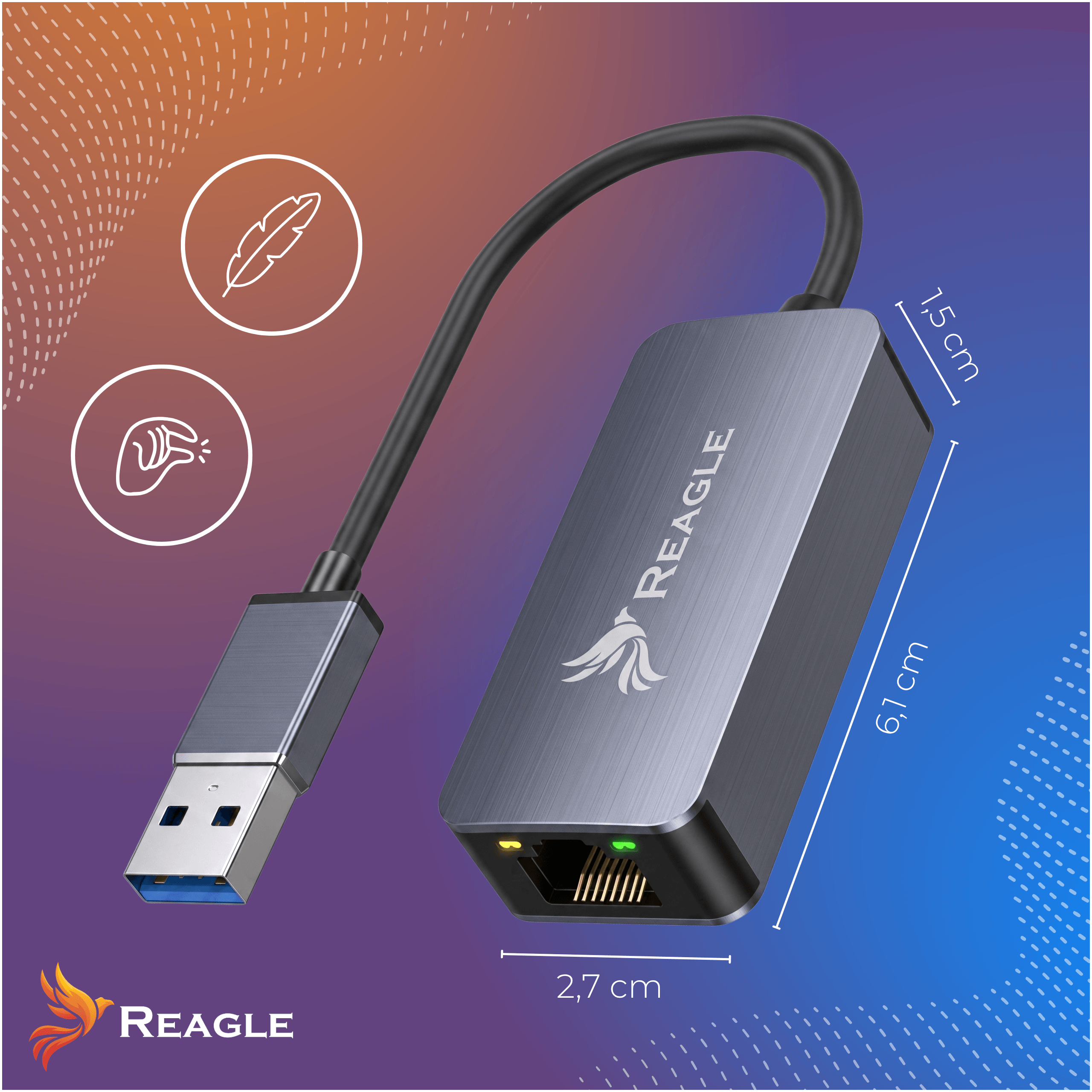 Szary adapter USB na Ethernet Reagle z kablem i wymiarami na niebiesko-pomarańczowym tle.