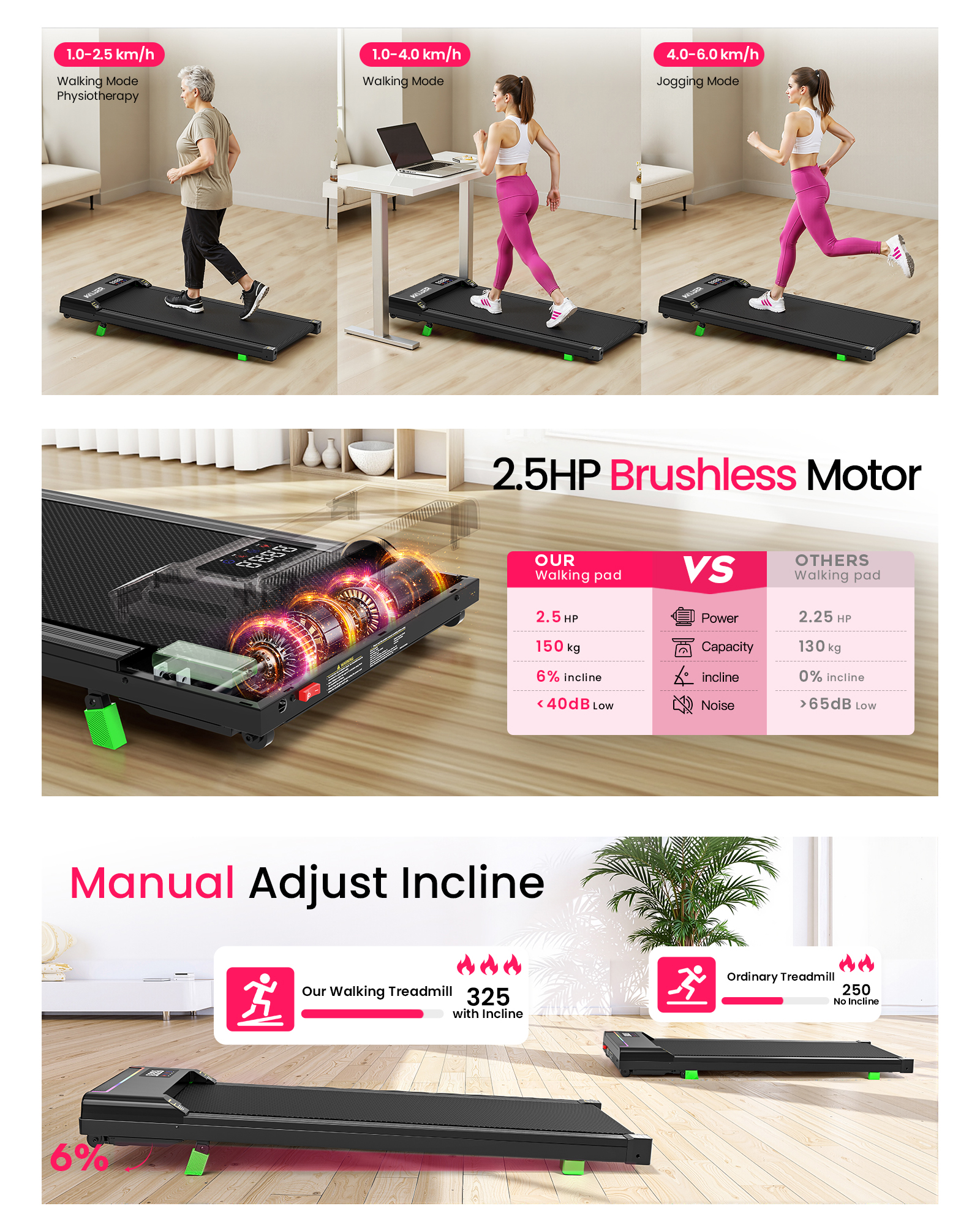 Cinta de caminar con modos de fisioterapia, caminata y trote, además de inclinación ajustable manualmente.
