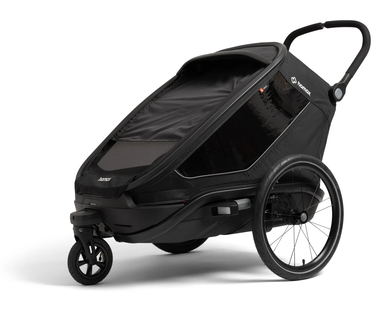 Un remolque de bicicleta y cochecito infantil Hamax negro con ruedas traseras grandes y rueda delantera pequeña.