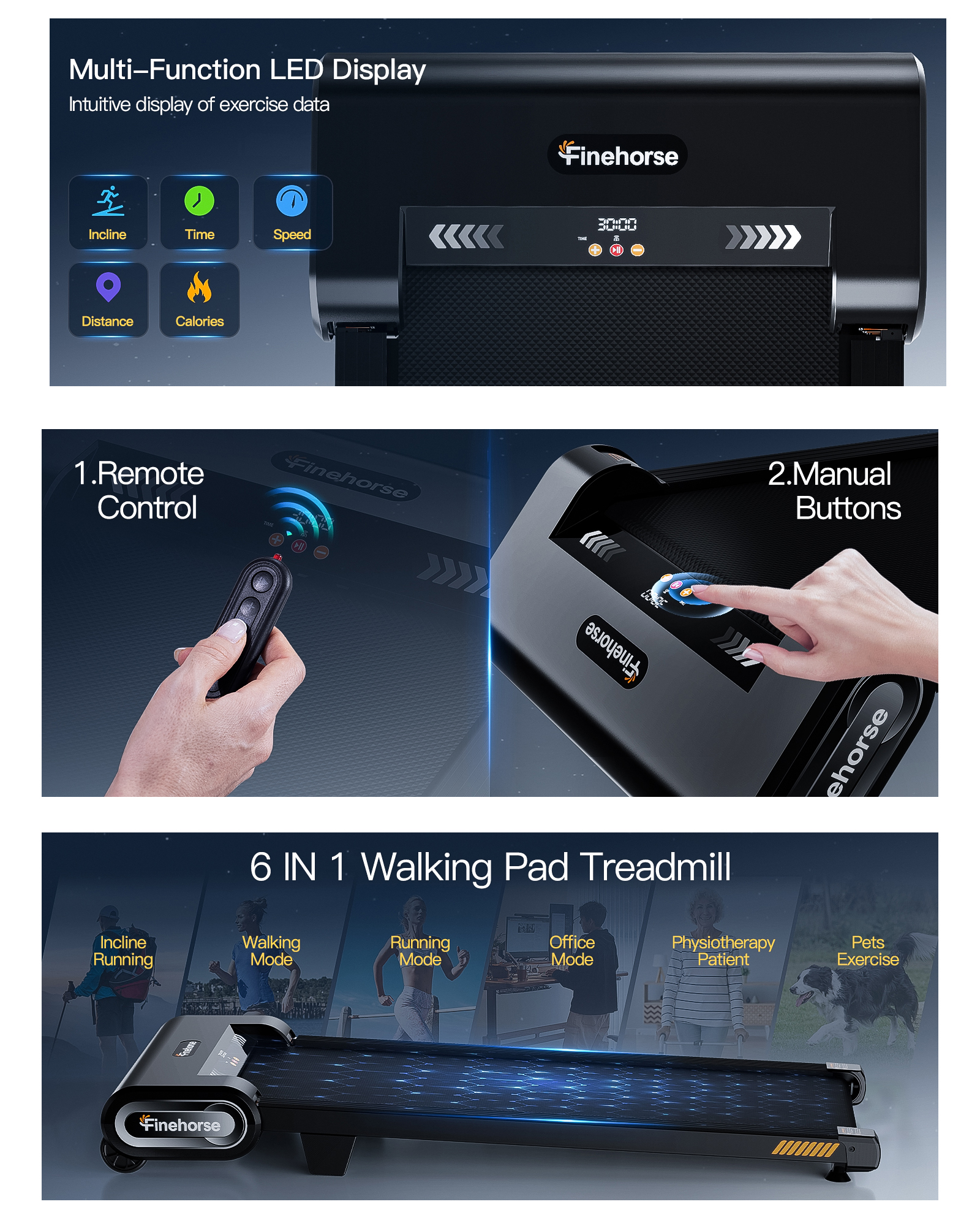 Caminadora Finehorse con pantalla LED, control remoto y seis modos de ejercicio versátiles.