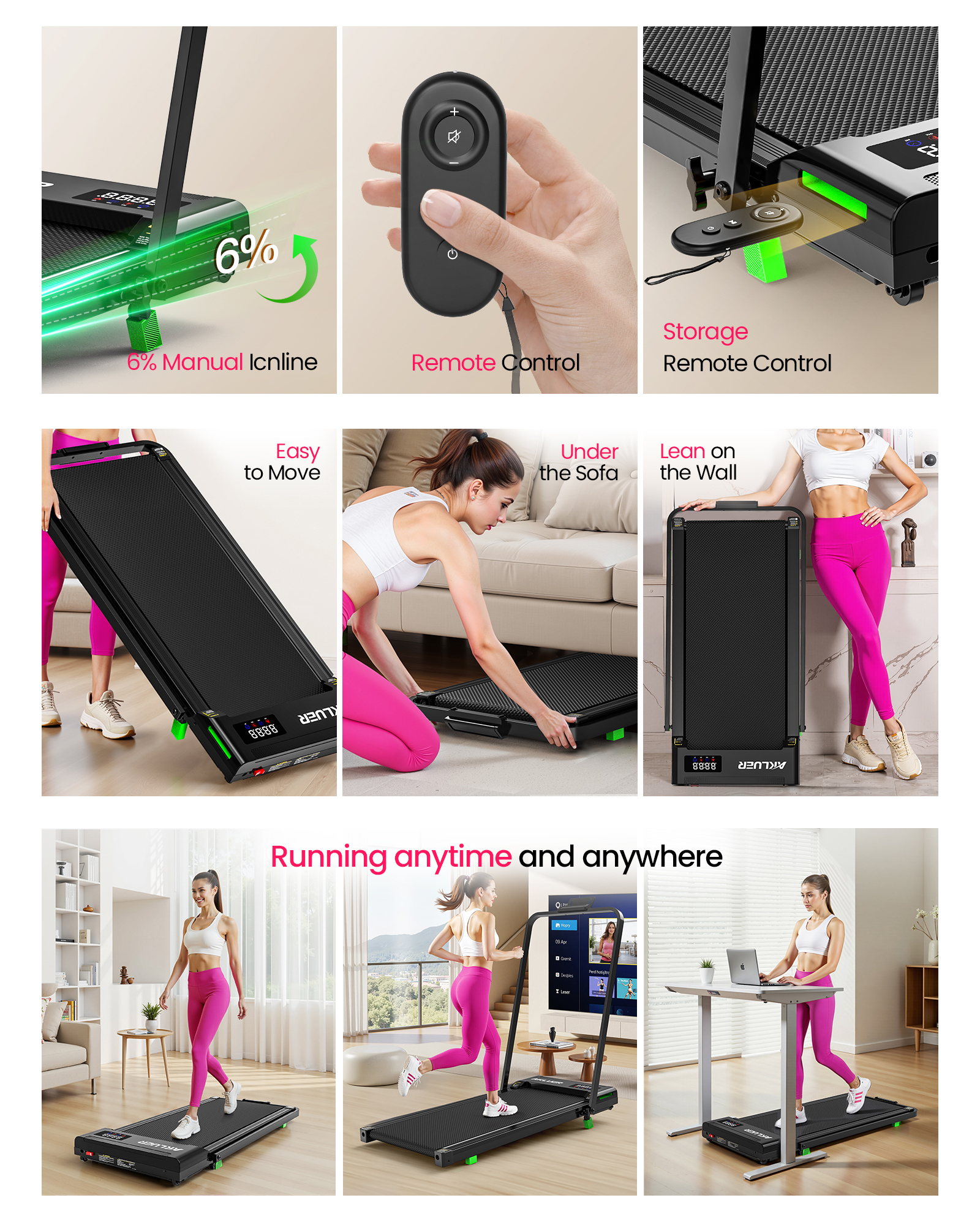 Collage de imágenes que muestran una caminadora compacta con control remoto y uso.