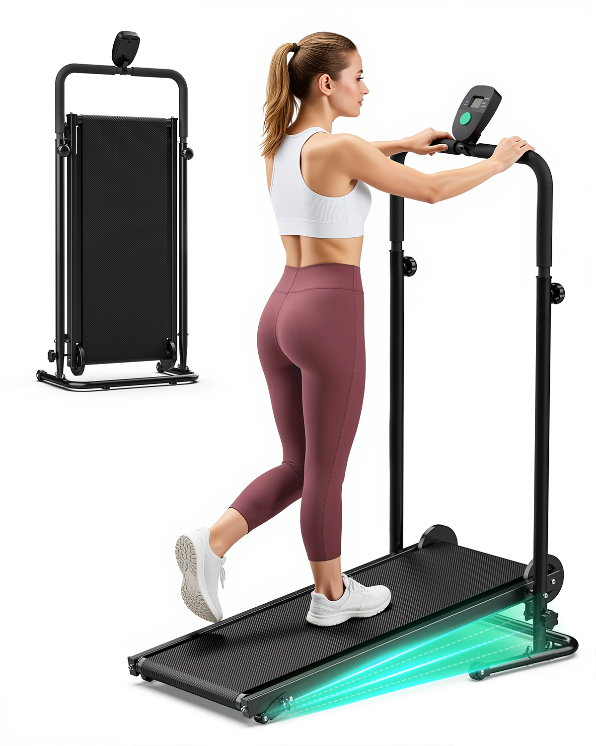 Una mujer con ropa deportiva usa una caminadora plegable, también mostrada plegada a su lado.