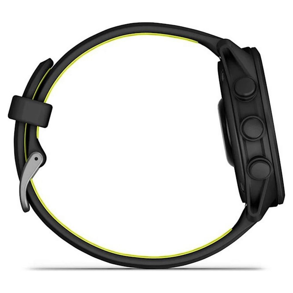 Orologio sportivo nero con bordo del cinturino giallo, fibbia argento e tre pulsanti.