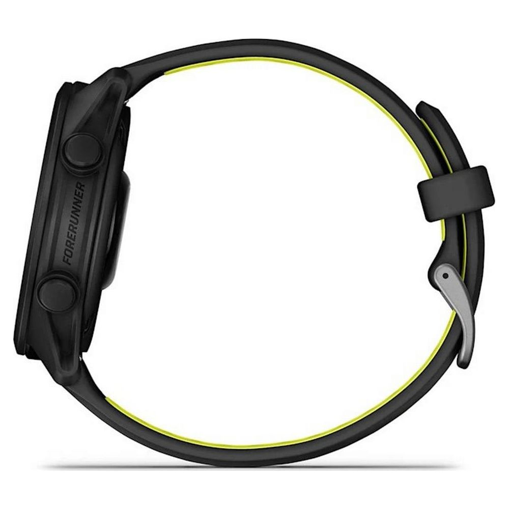 Orologio sportivo Forerunner nero con cinturino giallo, fotografato di lato su sfondo bianco.