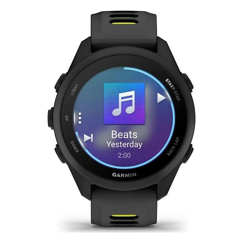 Un orologio sportivo Garmin nero con schermo lettore musicale.