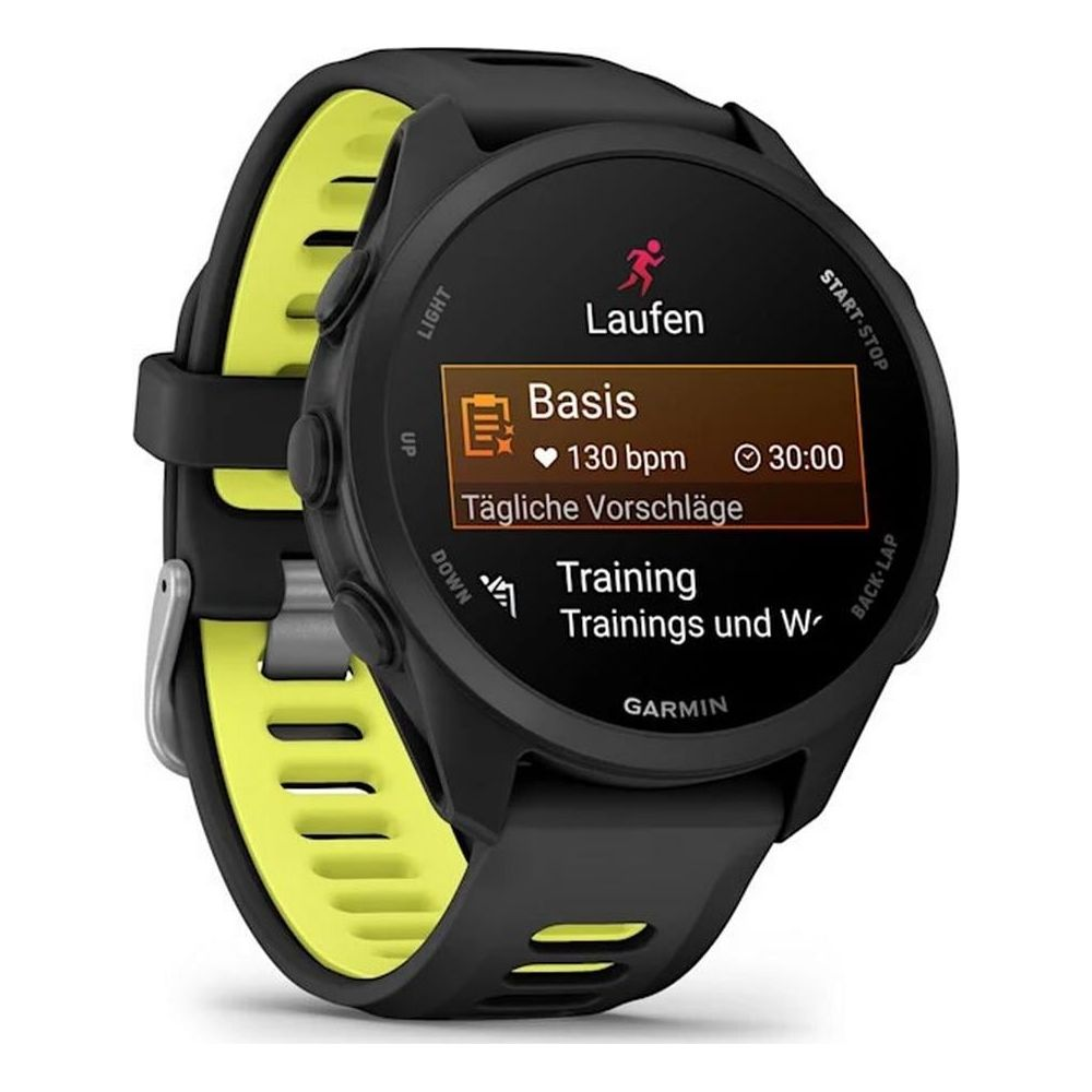 Un orologio sportivo Garmin nero con cinturino giallo mostra un menu di allenamento sullo schermo.