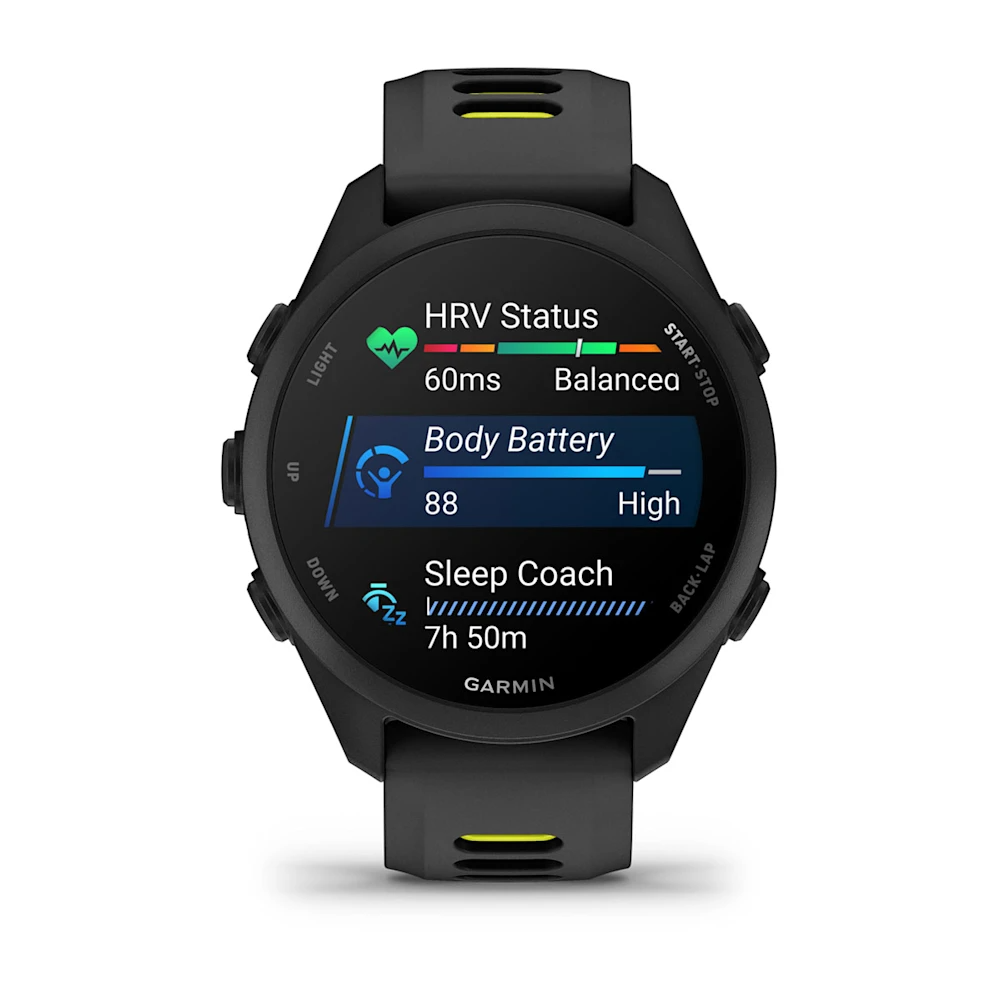 Orologio sportivo Garmin nero con display digitale che mostra stato HRV, Body Battery e coach del sonno.