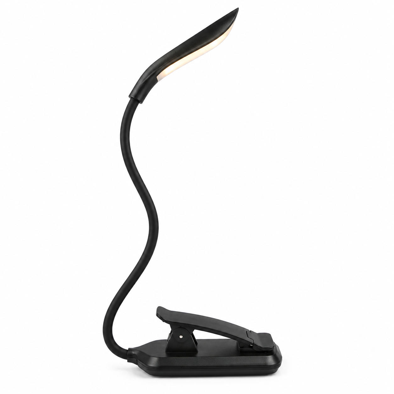 Eine schwarze Klemm-LED-Schreibtischlampe mit flexiblem Schwanenhalsarm vor weißem Hintergrund.