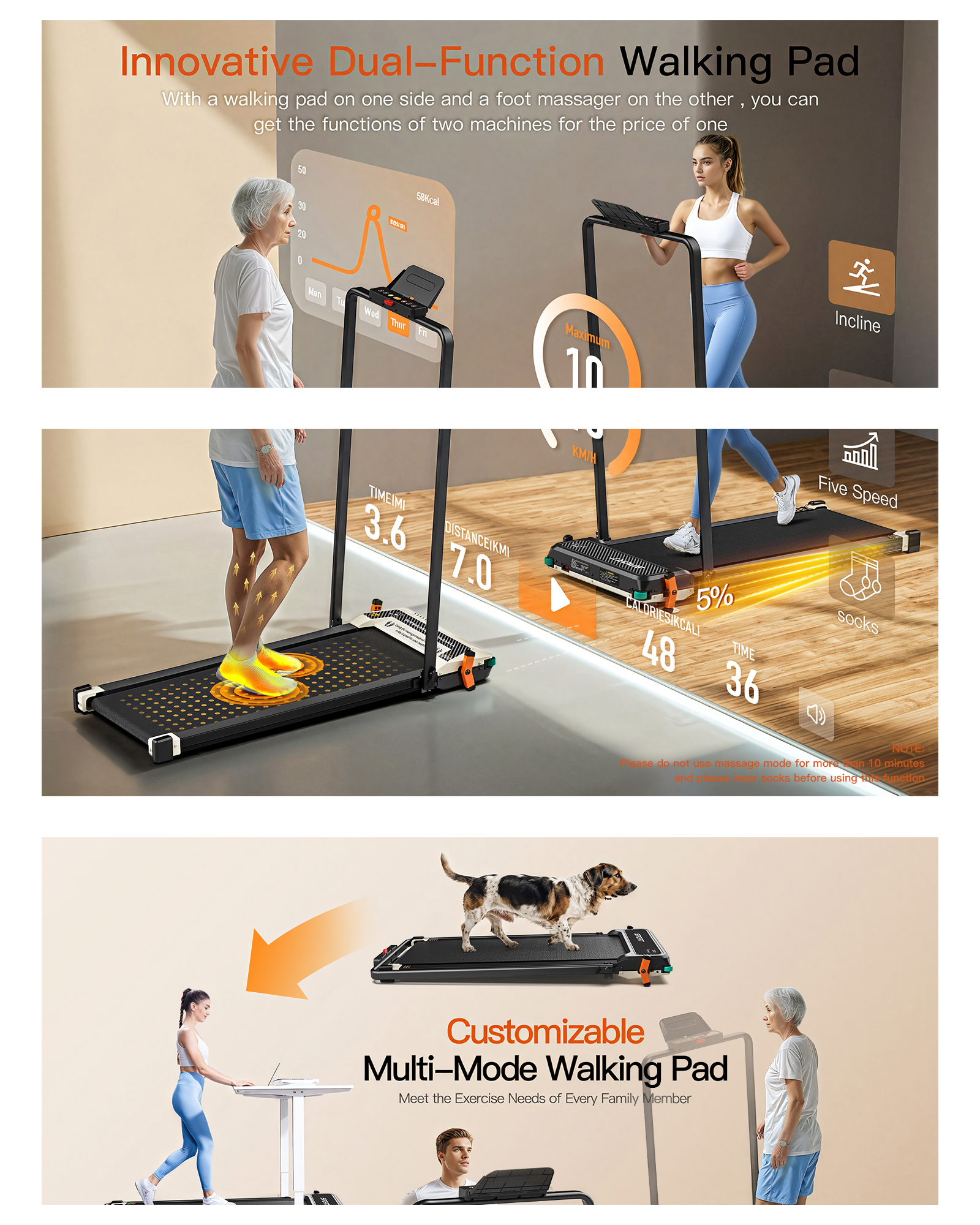 Caminadora innovadora de doble función con almohadilla de masaje y opciones de ejercicio.