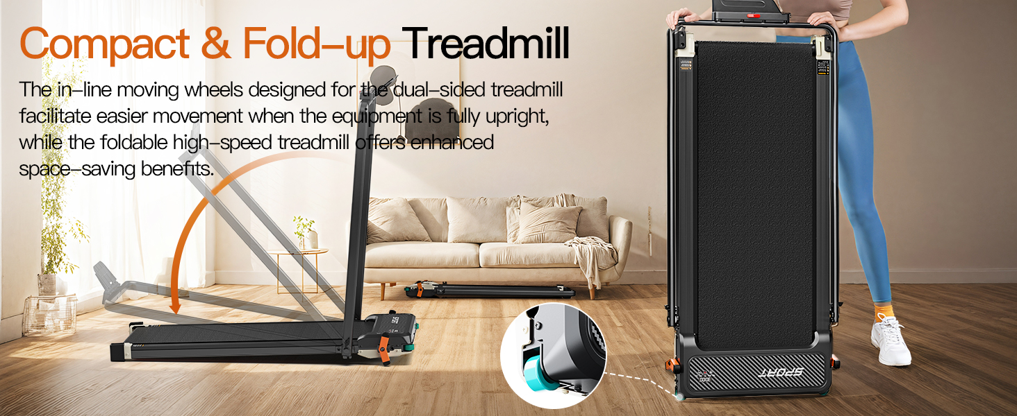 Una caminadora compacta y plegable mostrada vertical y plana en una sala, destacando su diseño ahorrador de espacio.