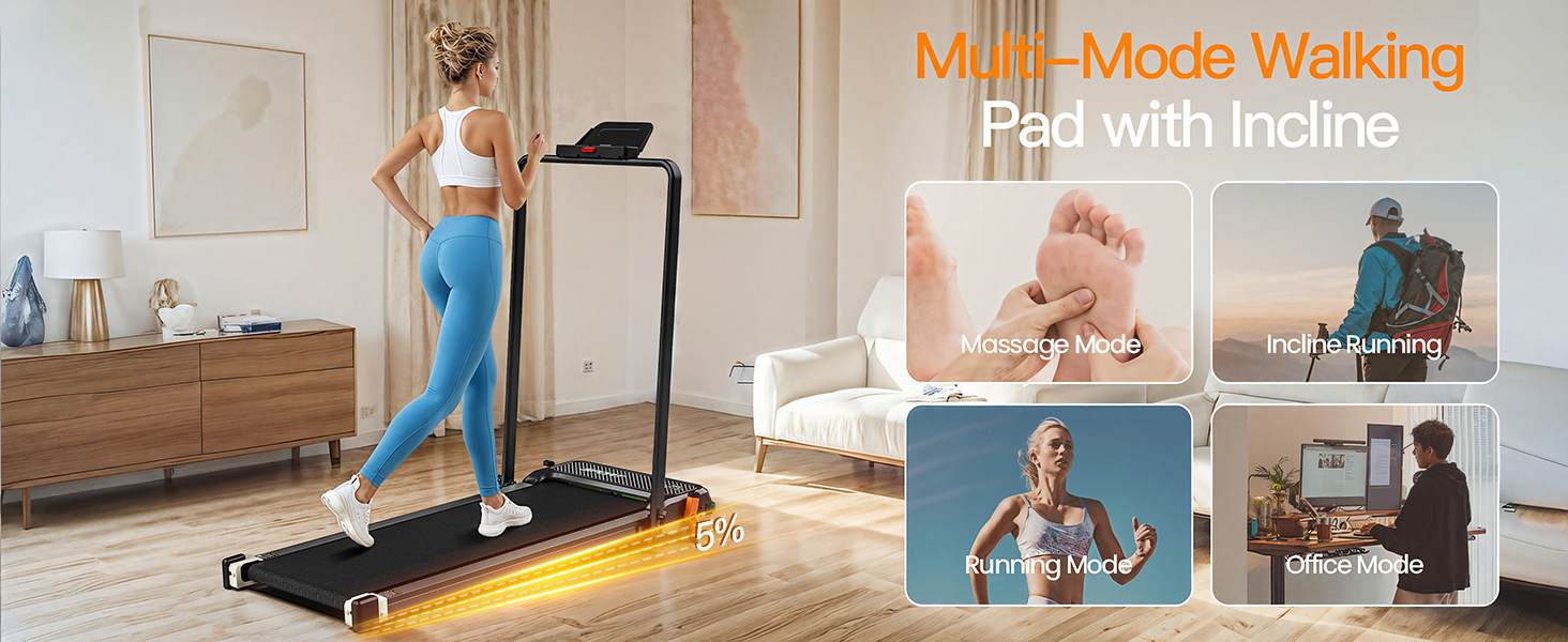 Mujer caminando en una caminadora inclinada, con imágenes de inserción para masaje, correr y oficina.