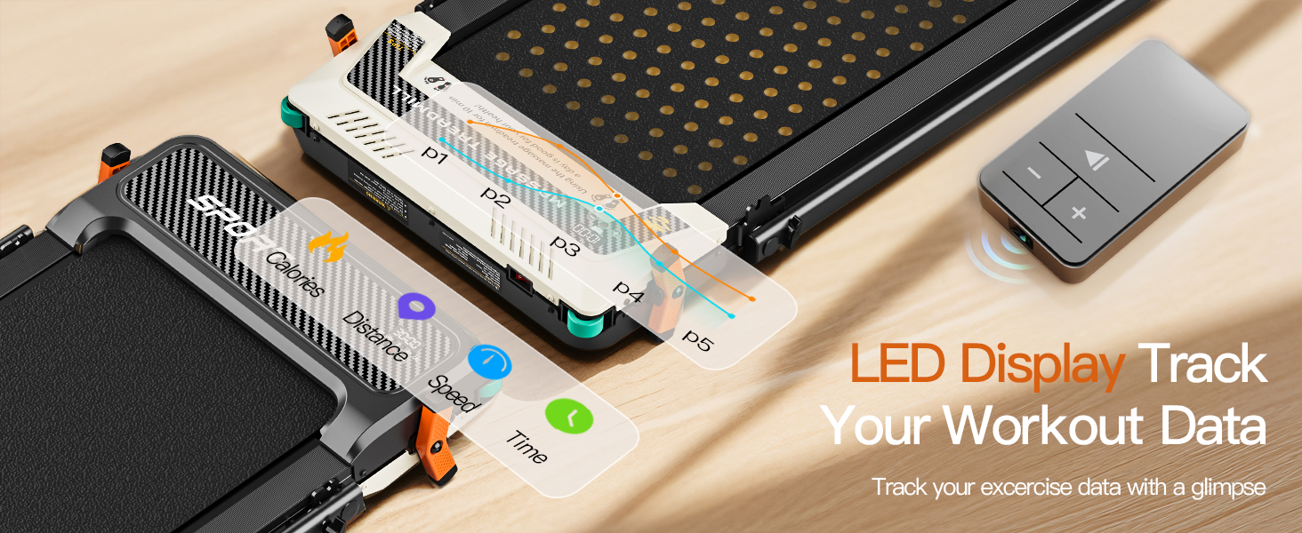 Una caminadora con pantalla LED y control remoto en una superficie de madera.