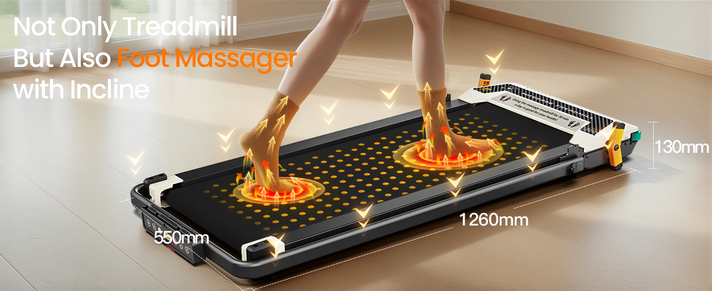 Cinta de correr con función de masaje y dimensiones en suelo de madera.