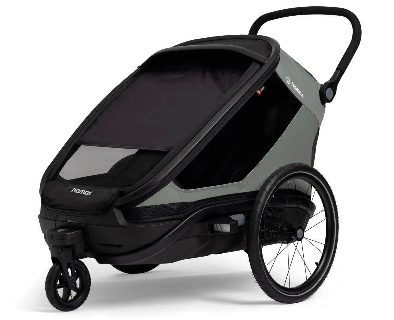 Un remolque de bicicleta y cochecito infantil Hamax gris y negro con ruedas traseras grandes.