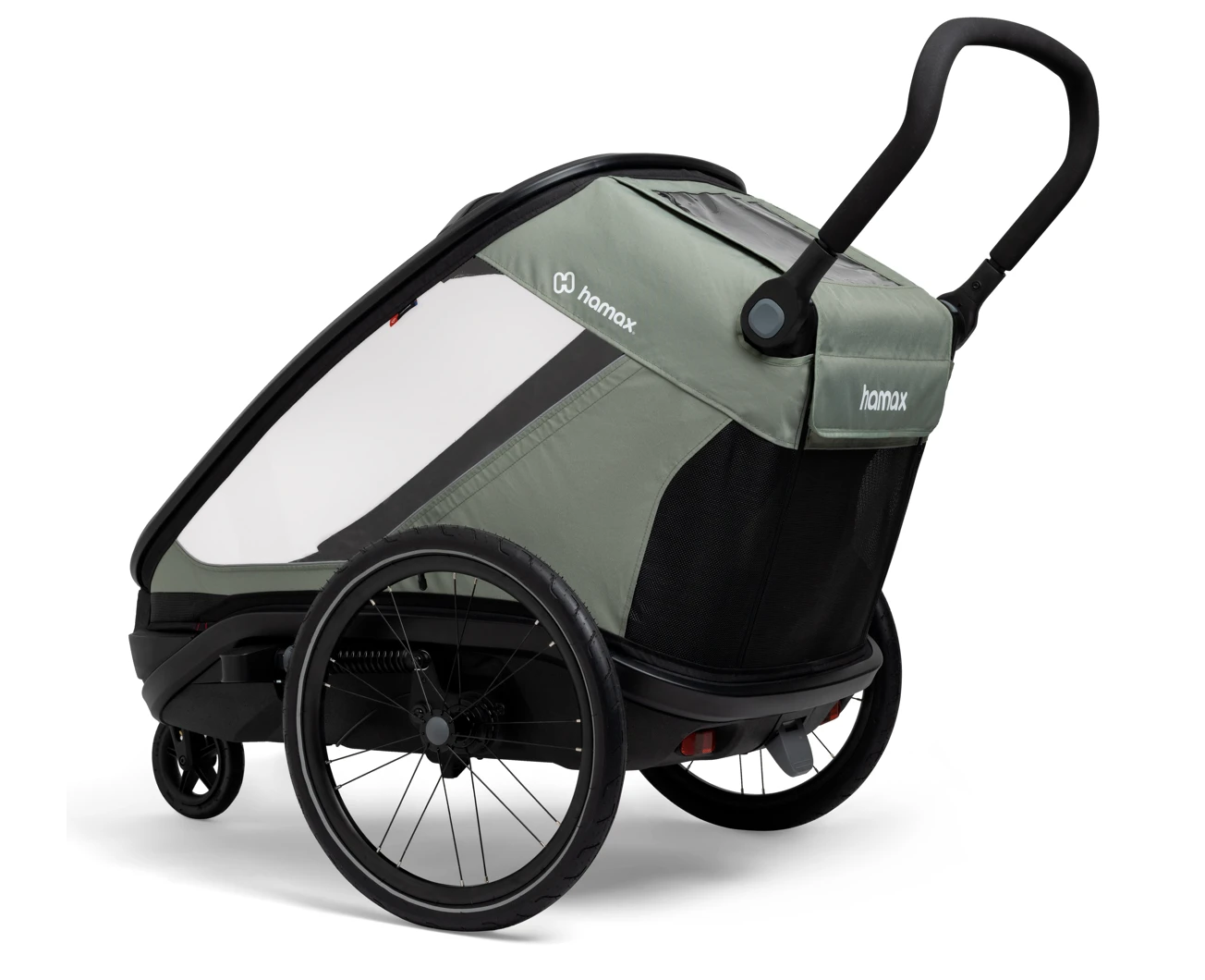 Remolque de bicicleta Hamax verde con ruedas grandes y manillar ajustable.