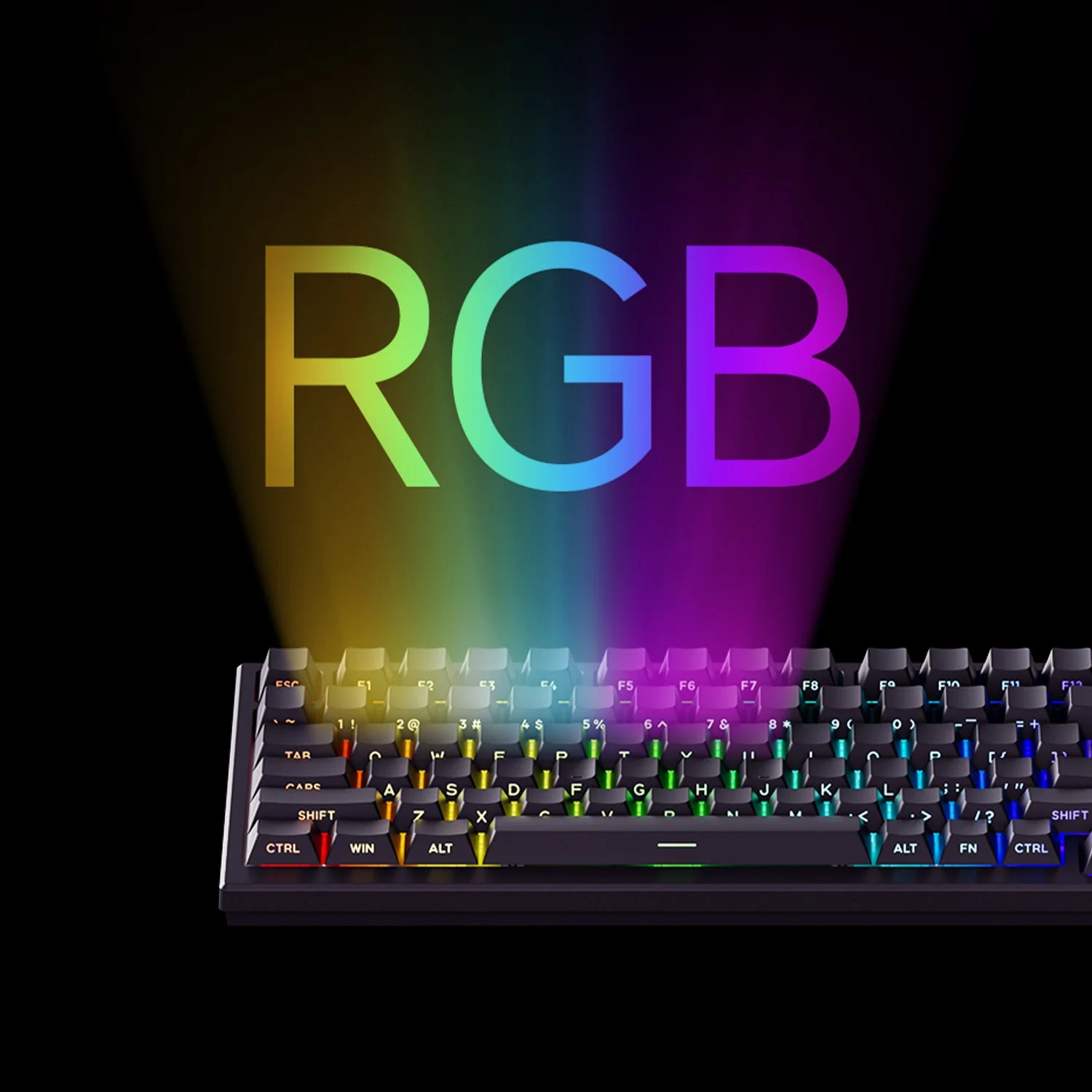 Czarna klawiatura świeci kolorowym światłem RGB, a powyżej widnieje napis RGB.