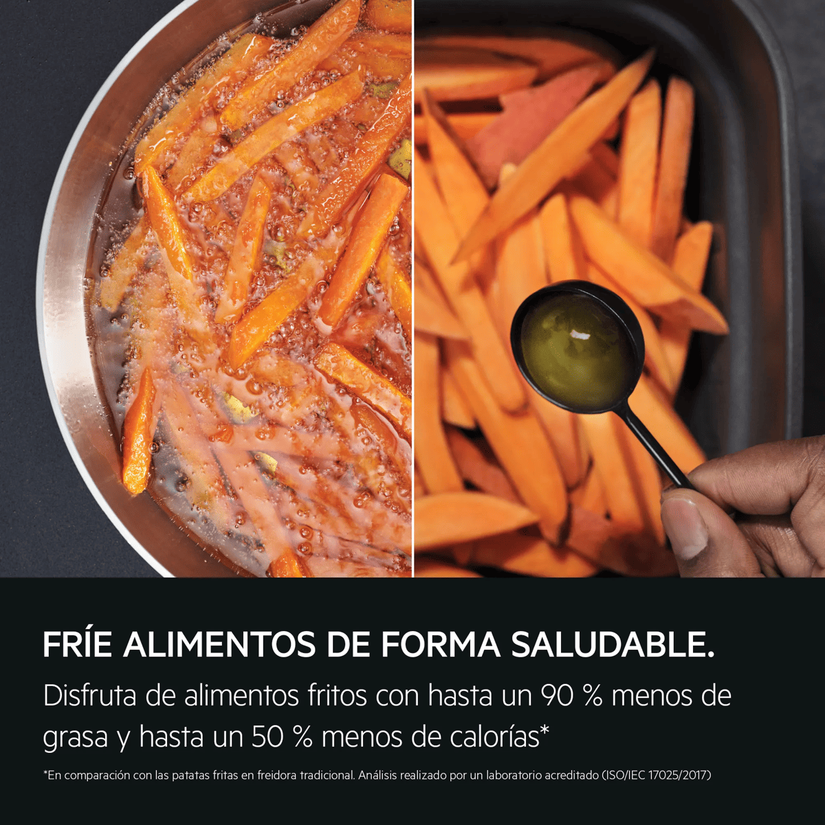 Comparación de patatas dulces fritas en aceite a la izquierda y patatas dulces saludables con una cuchara de aceite a la derecha.