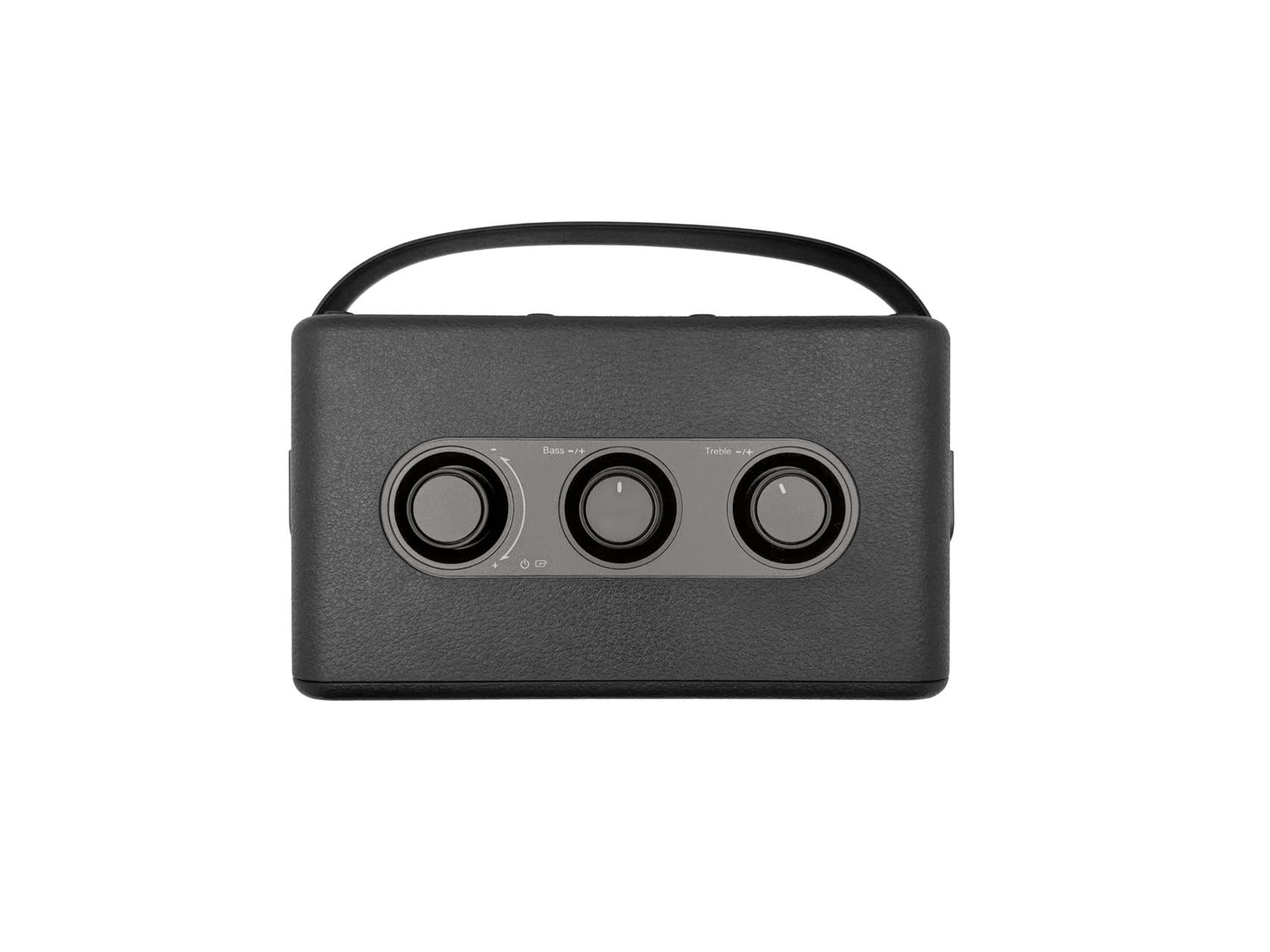 Ein schwarzer, rechteckiger Bluetooth-Lautsprecher mit Tragegriff und drei großen Drehreglern oben.