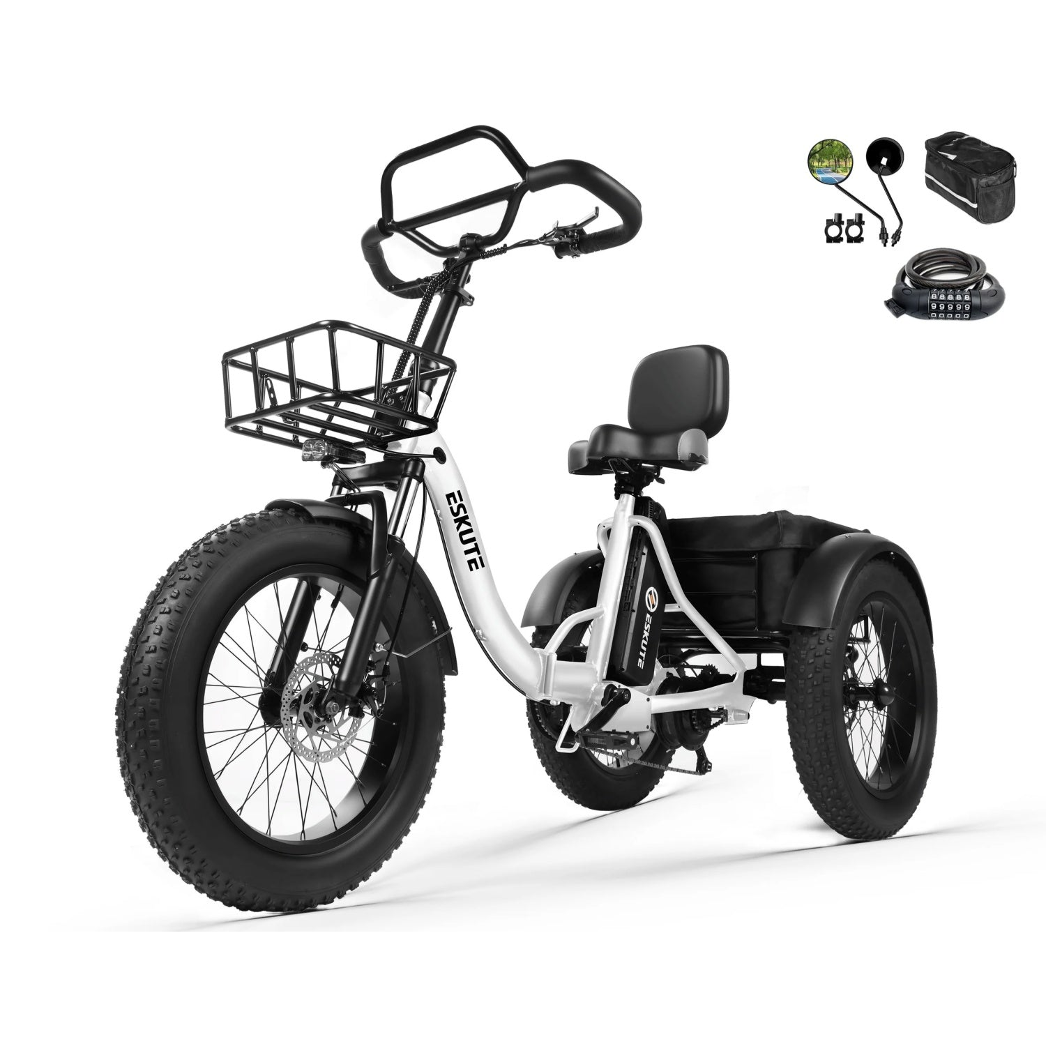 Triciclo Eskute bianco a ruote grasse con cestino anteriore, sedile con schienale e accessori.
