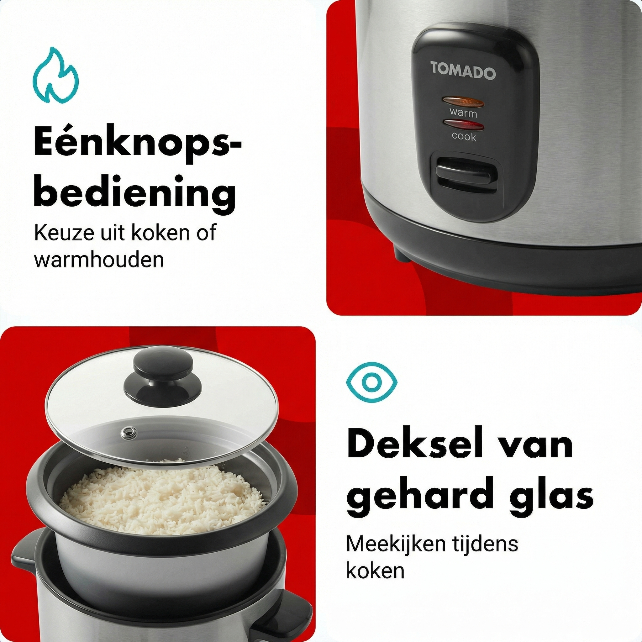 Reiskocher mit Einzeltaste für Kochen oder Warmhalten und einem Glastitel.