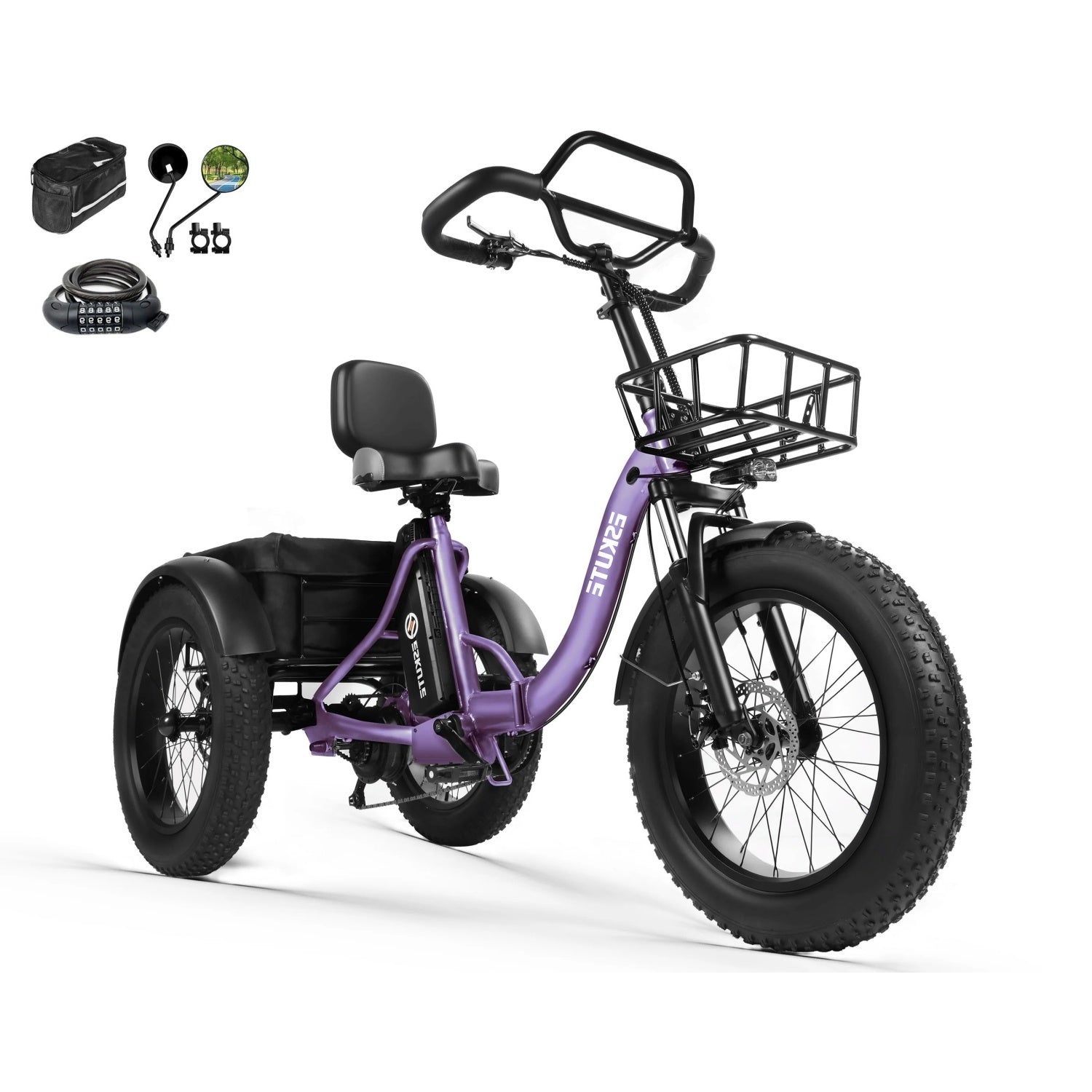 Triciclo elettrico viola per adulti con gomme larghe, cesto anteriore, sedile posteriore e accessori.