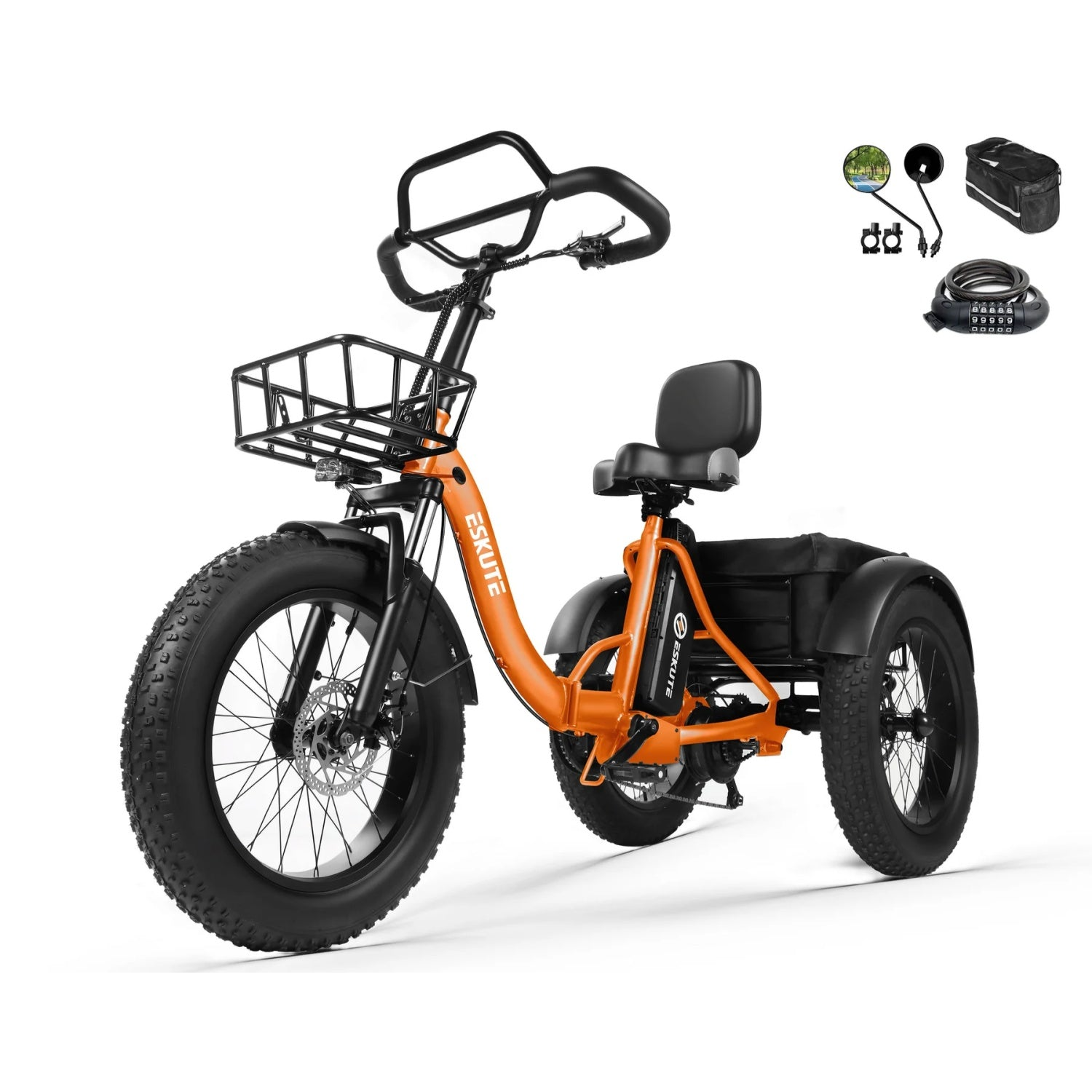Triciclo elettrico arancione e nero con copertoni larghi, cestino anteriore e accessori in alto a destra.