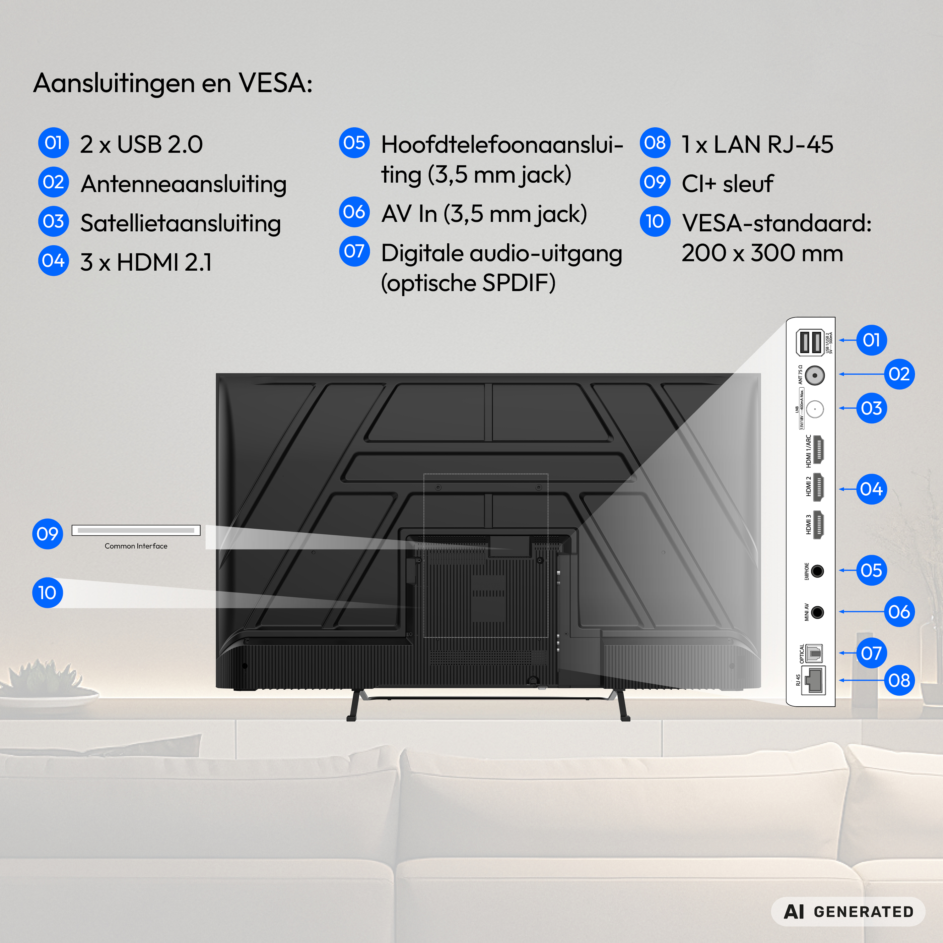 Diagramm der TV-Anschlüsse und VESA-Standards mit beschrifteten Nummerierungen auf schwarzem Fernseher.