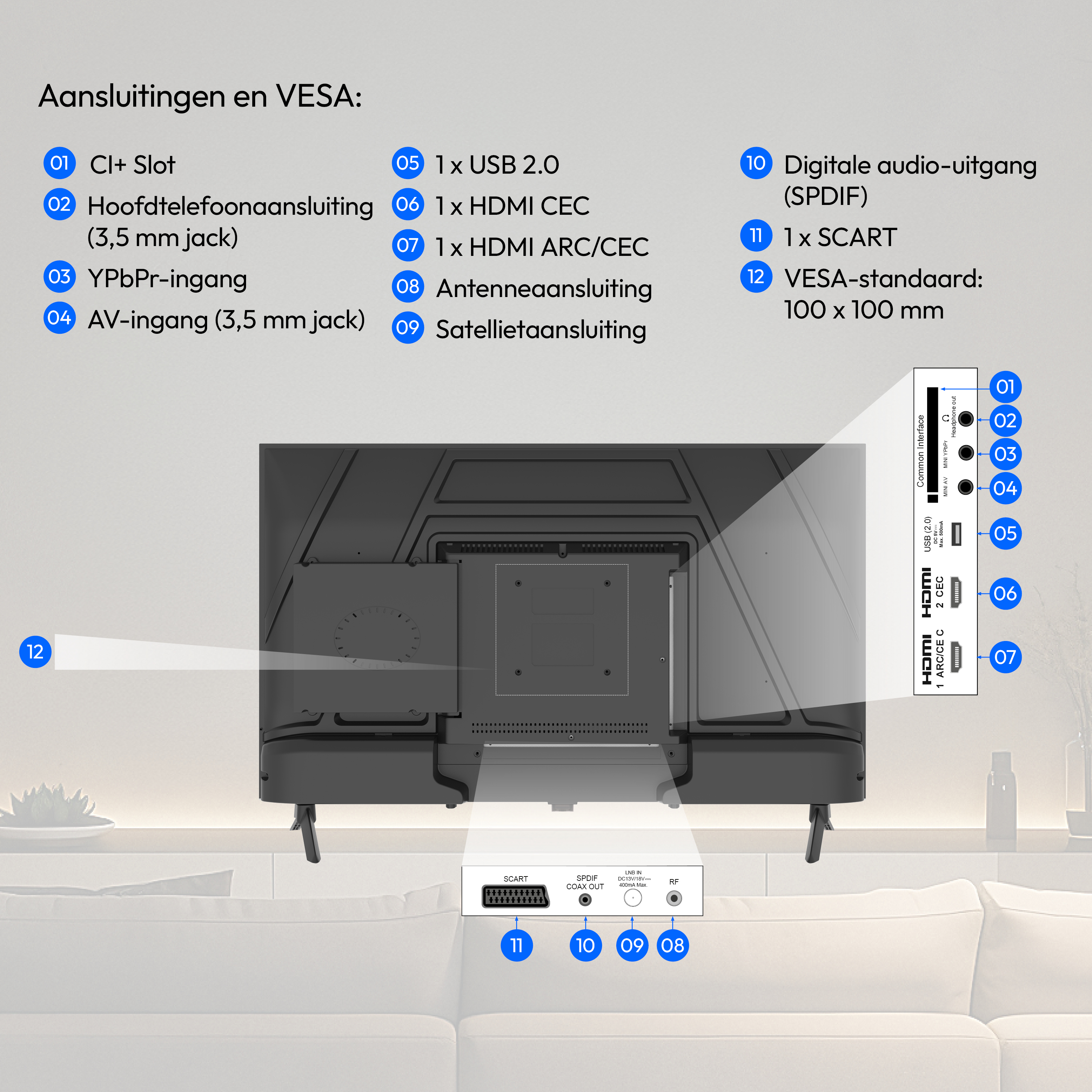 Diagramm der TV-Anschlüsse und VESA-Halterung.