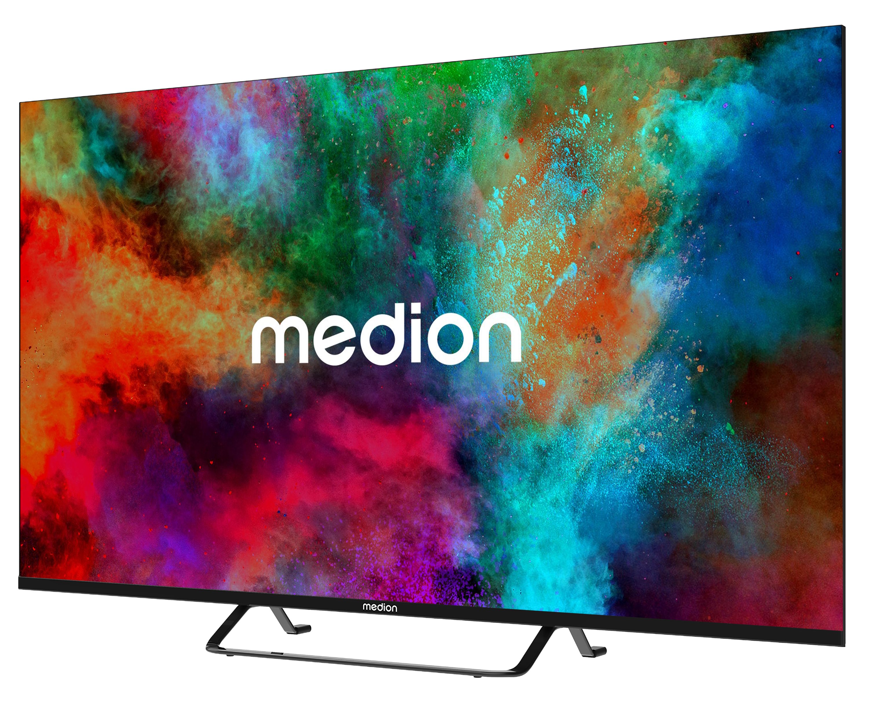 Flachbildfernseher mit bunten, pulverfarbenen Mustern und dem weißen Medion-Logo auf dem Bildschirm.