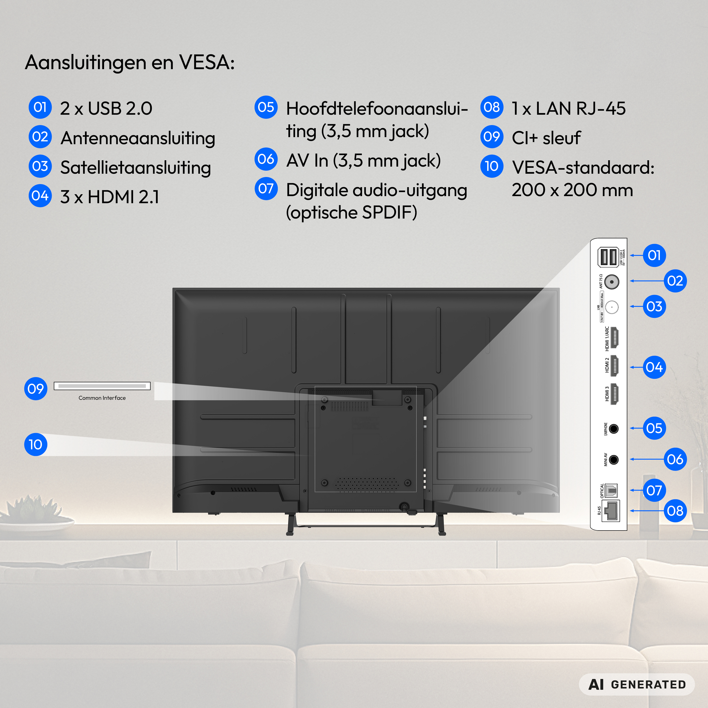 Diagramm der TV-Anschl üsse und VESA-Maße mit nummerierten Ports und Beschriftungen.