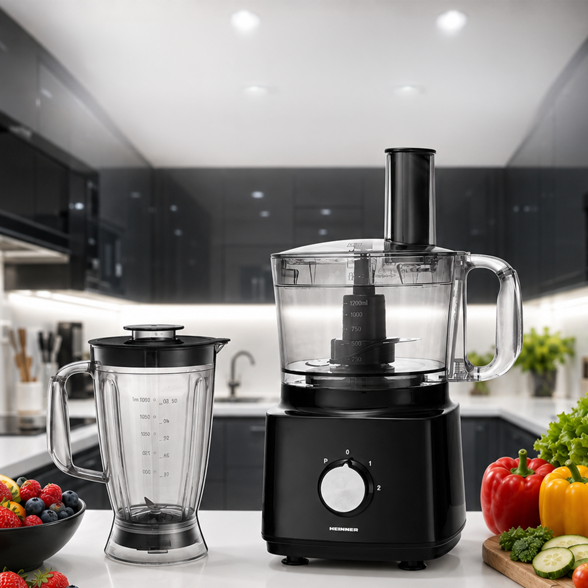 Eine schwarze Küchenmaschine und ein Mixer stehen auf einer weißen Arbeitsplatte in einer modernen Küche.