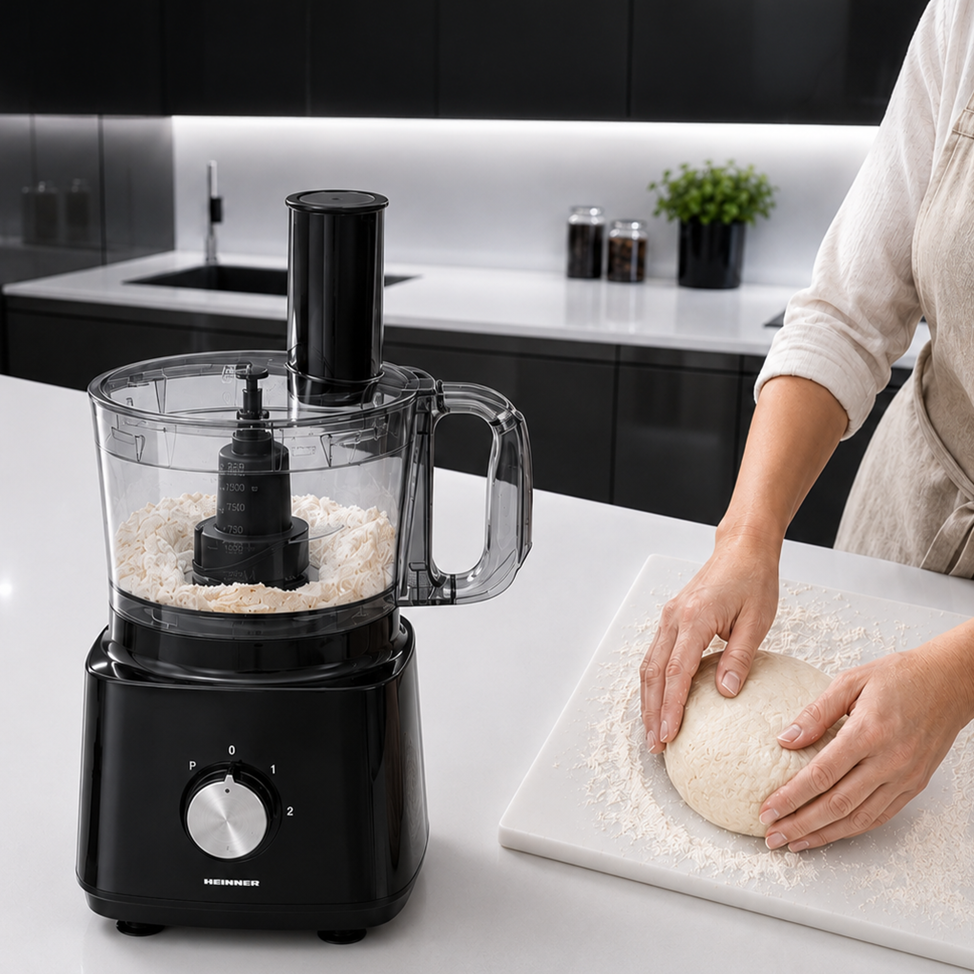 Eine schwarze Küchenmaschine auf einer Arbeitsplatte neben einer Person, die Teig knetet.