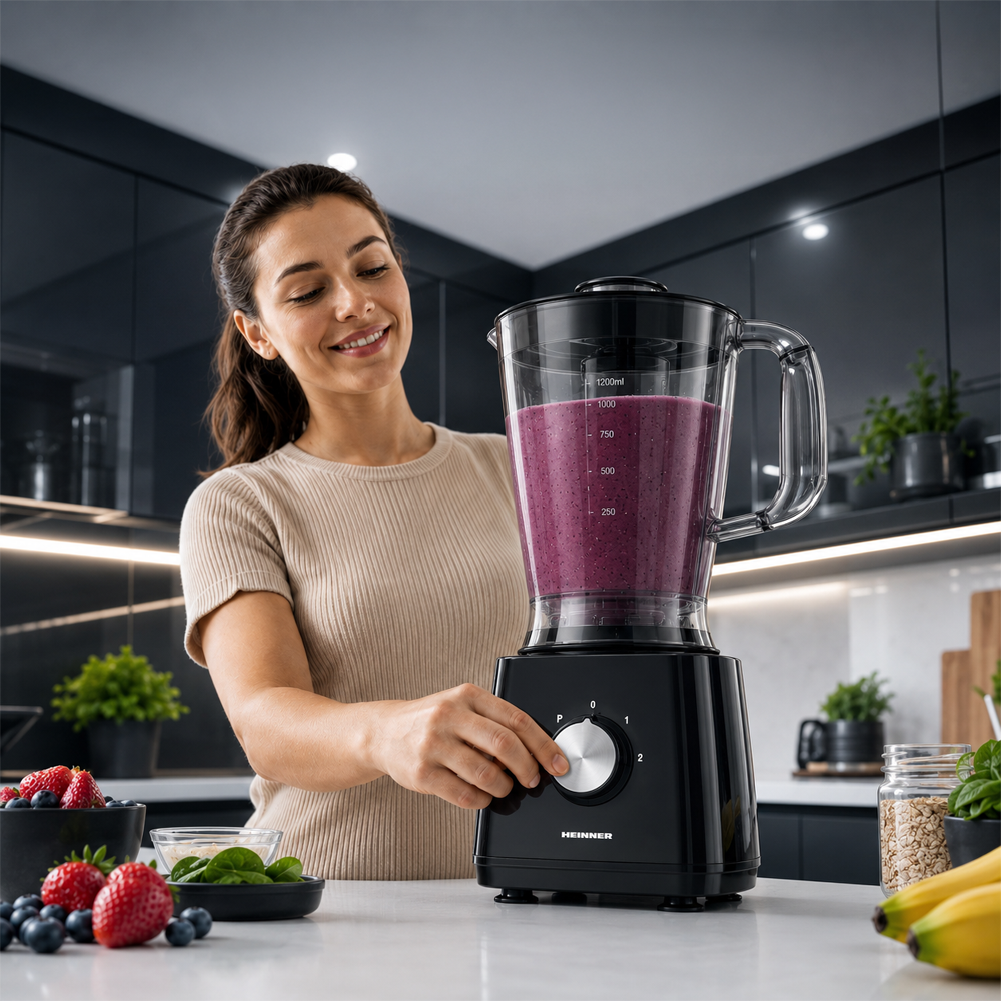 Eine lächelnde Frau bedient einen schwarzen Standmixer mit lilafarbenem Smoothie in einer modernen Küche.