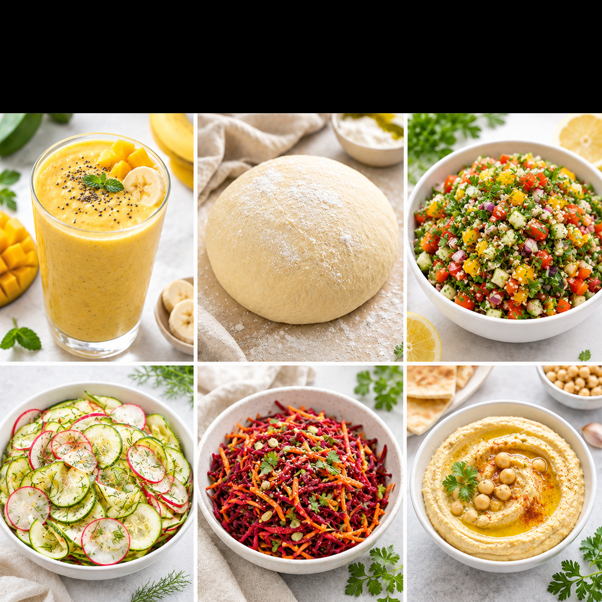 Eine Collage aus gesunden Lebensmitteln wie Smoothie, Teig, Salat, Krautsalat und Hummus.