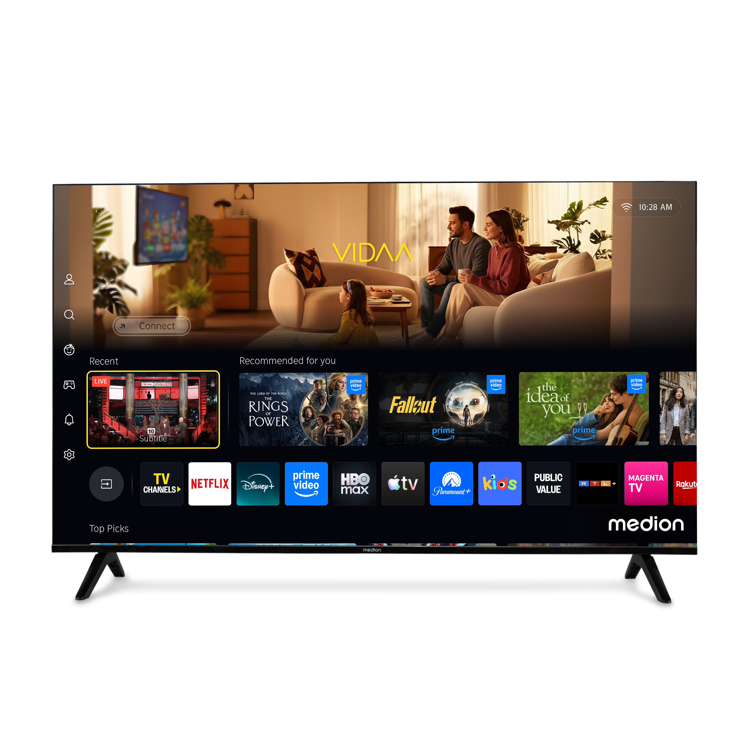 Medion Smart TV zeigt VIDAA-Benutzeroberfläche mit Streaming-Apps und Empfehlungen.