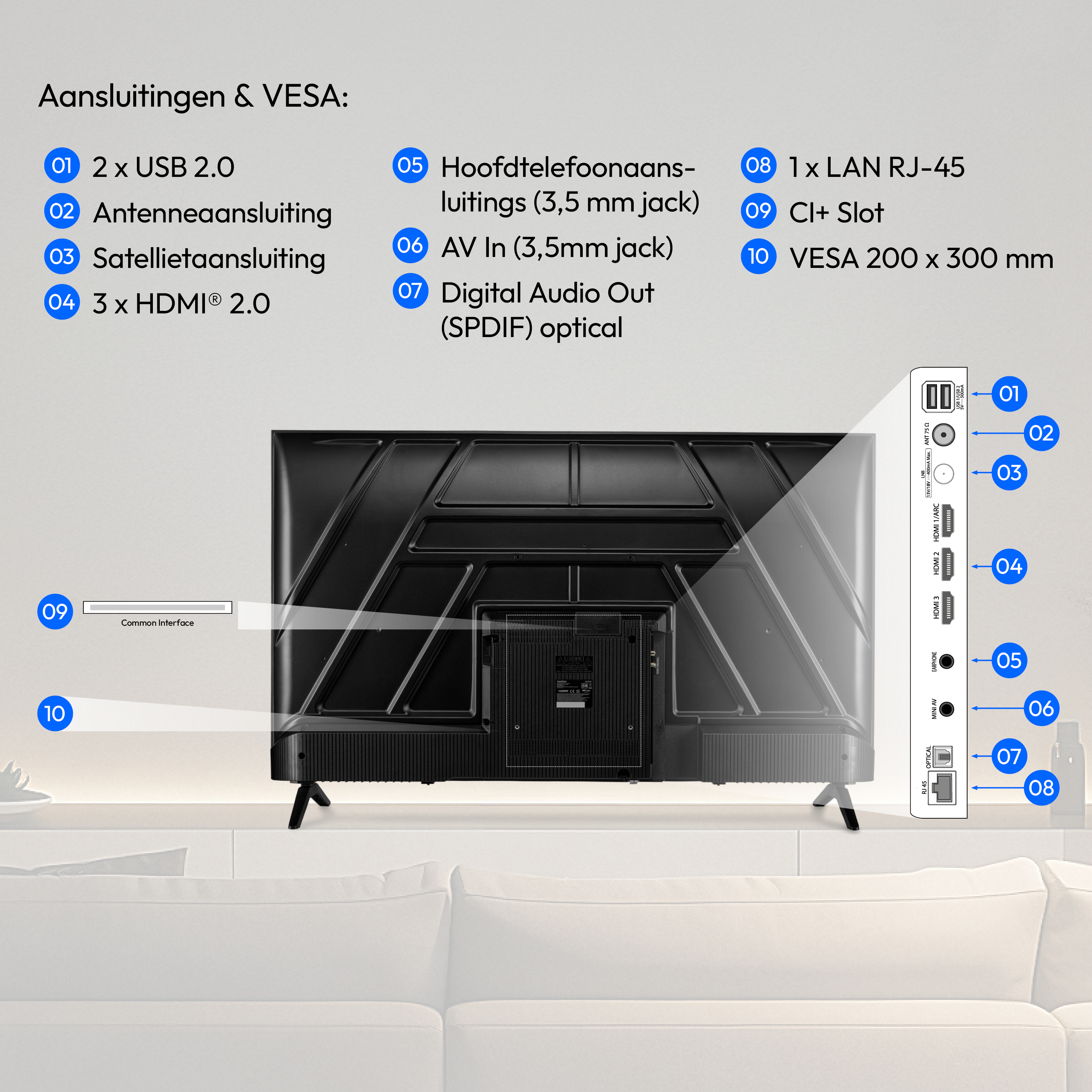 Diagramm der Rückseite eines Fernsehers mit Nummerierung und Auflistung aller Anschlüsse und VESA-Maße.