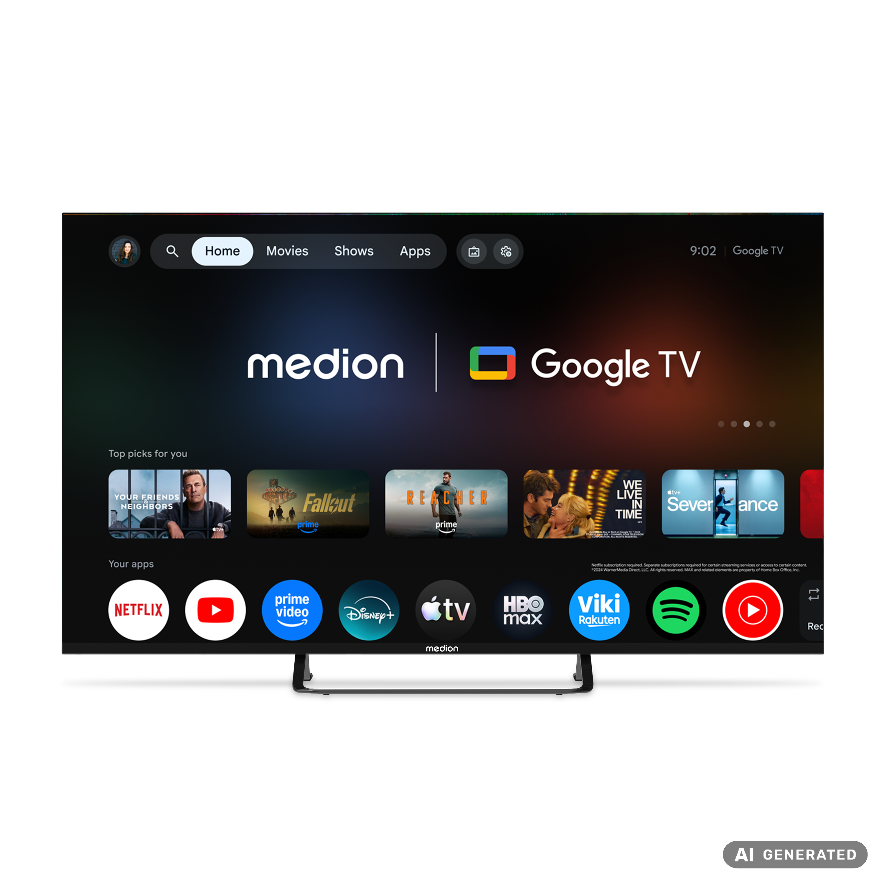 Ein Medion-Fernseher zeigt den Google-TV-Startbildschirm mit Top-Empfehlungen und App-Symbolen wie Netflix.