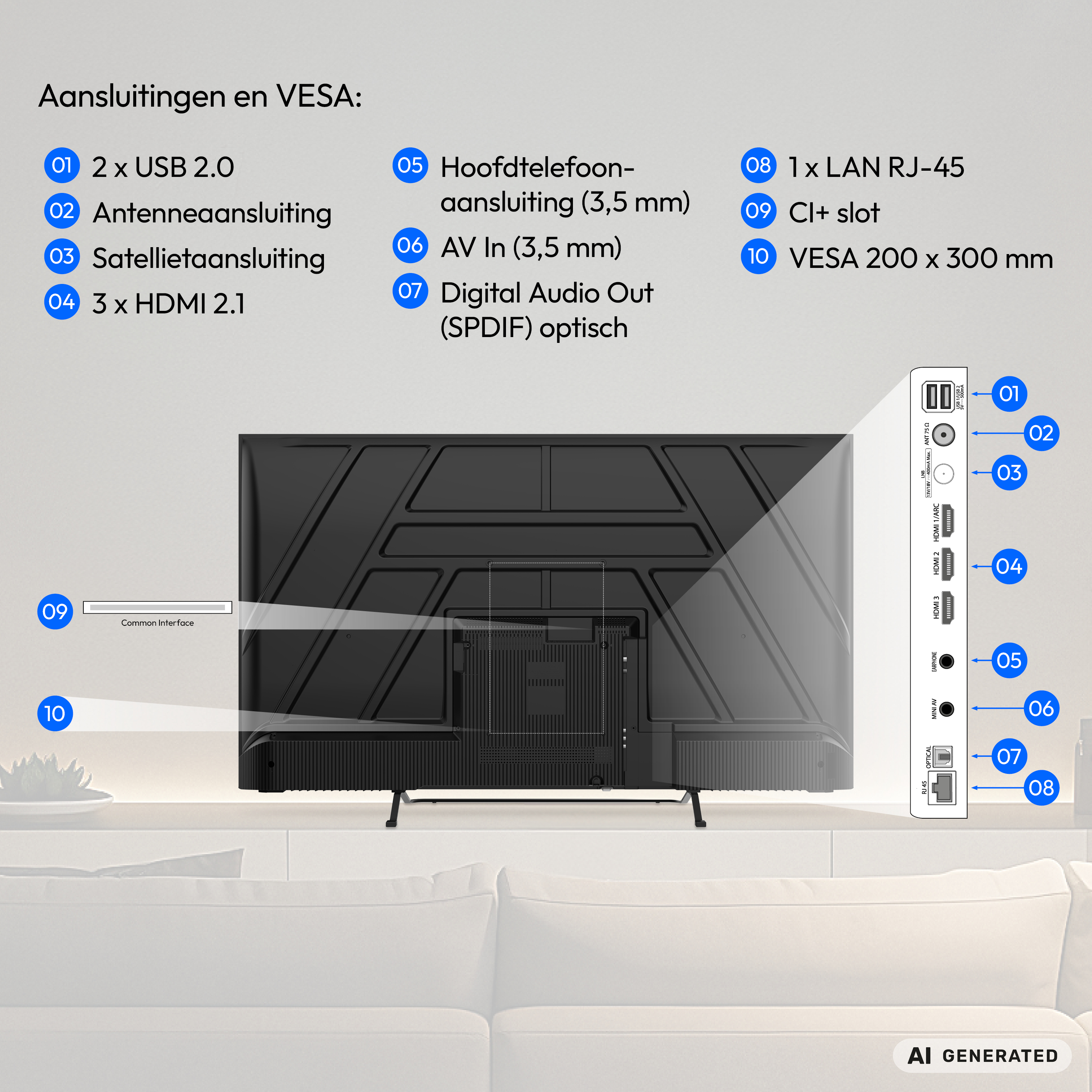 Diagramm der TV-Anschlüsse und VESA-Halterung mit nummerierten Ports und Beschriftungen.