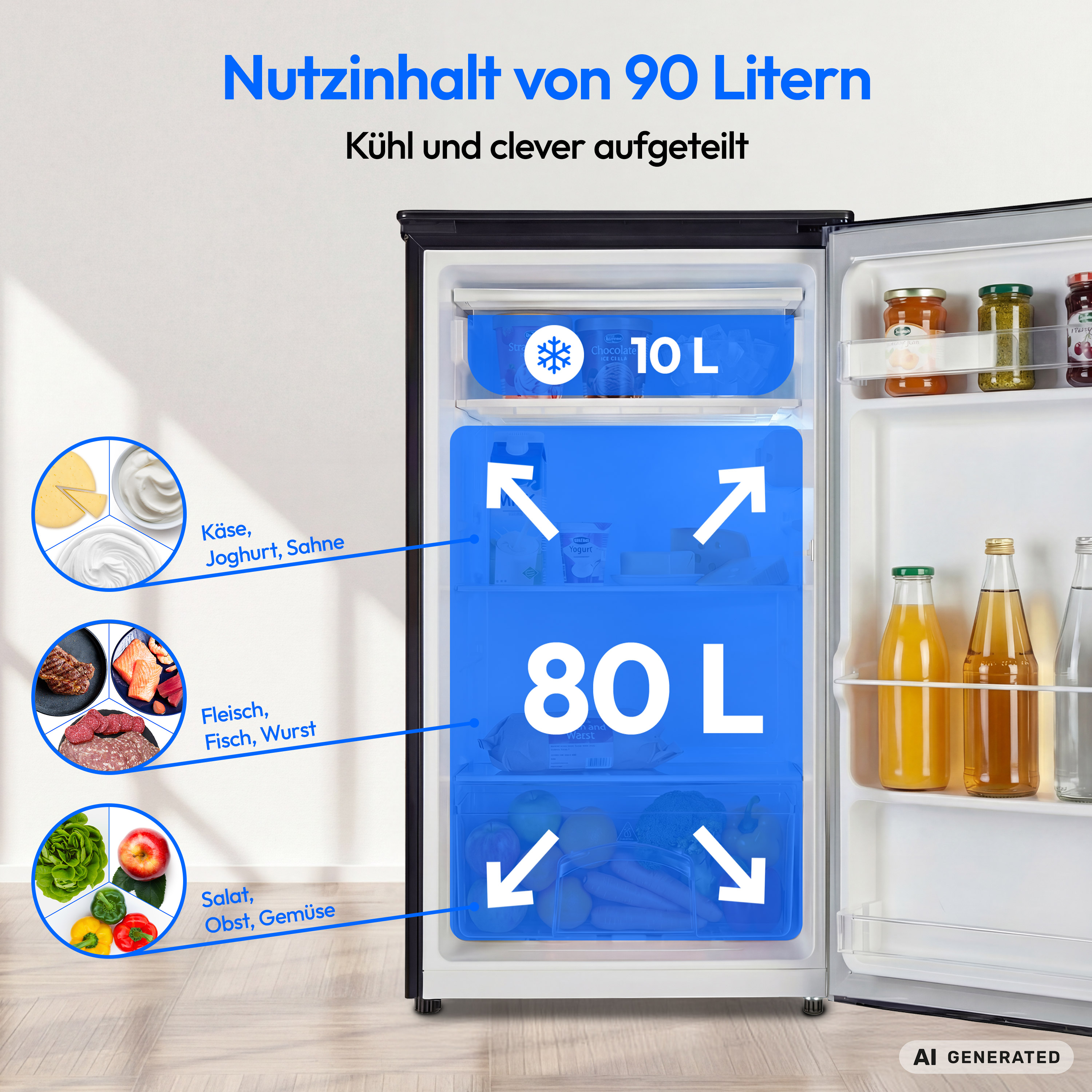 Offener Kühlschrank mit 90 Litern Inhalt, aufgeteilt in 10L Gefrierfach und 80L Kühlbereich mit Lebensmitteln.