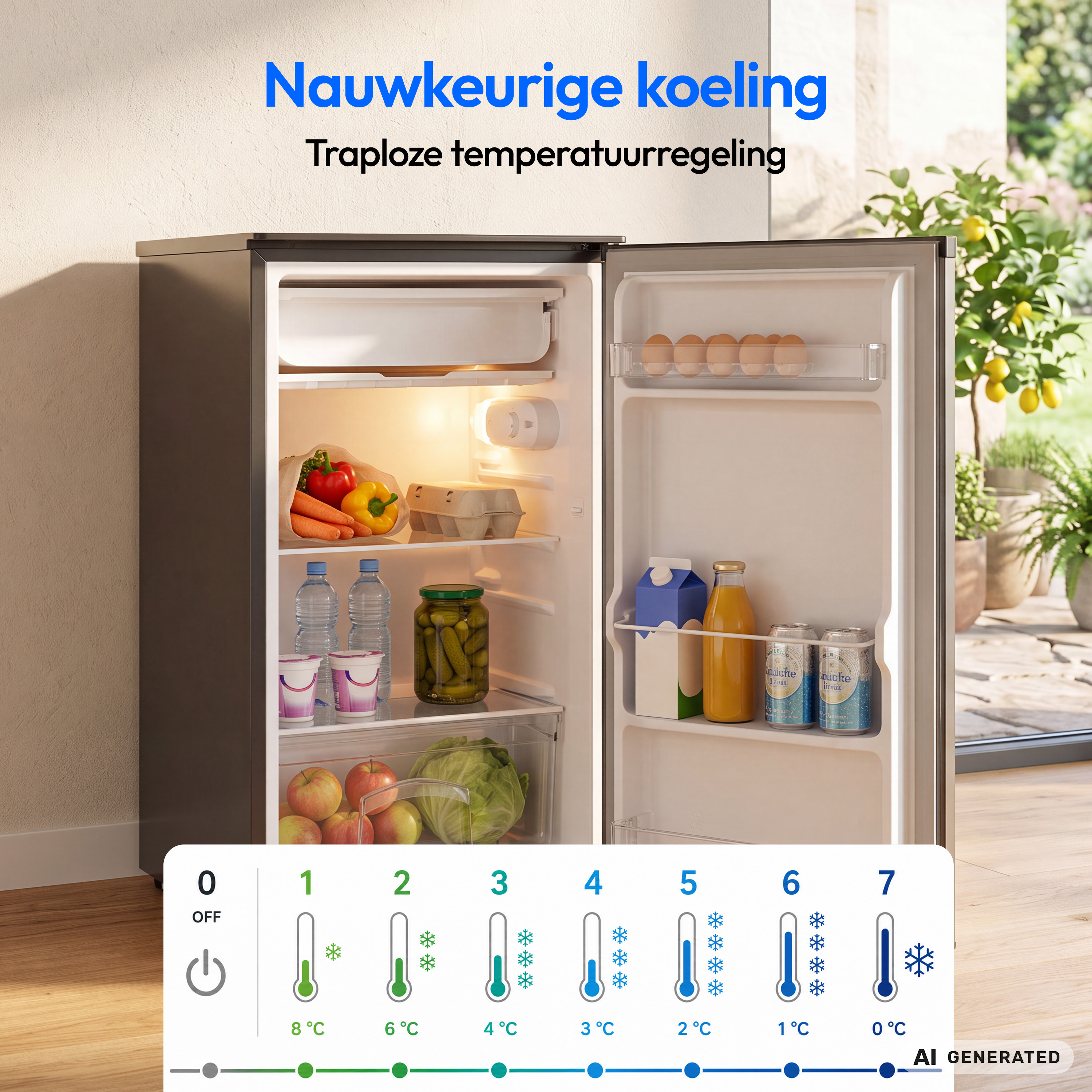 Geöffneter kleiner Kühlschrank, gefüllt mit Lebensmitteln, Getränken und Gemüse, mit einem Temperaturregler.