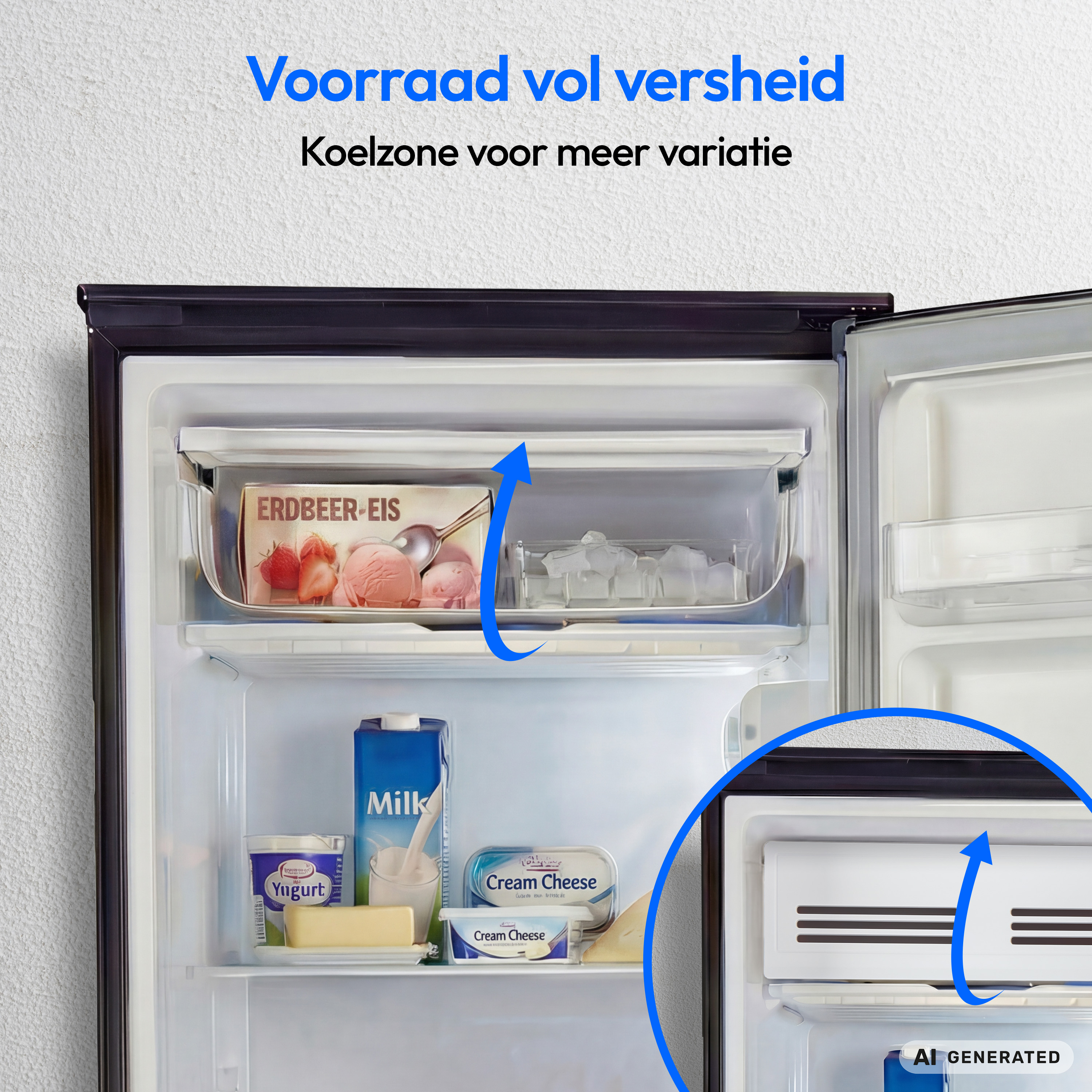 Ein offener Kühlschrank mit Milch, Joghurt und Eis im Inneren sowie niederländischem Text oben.