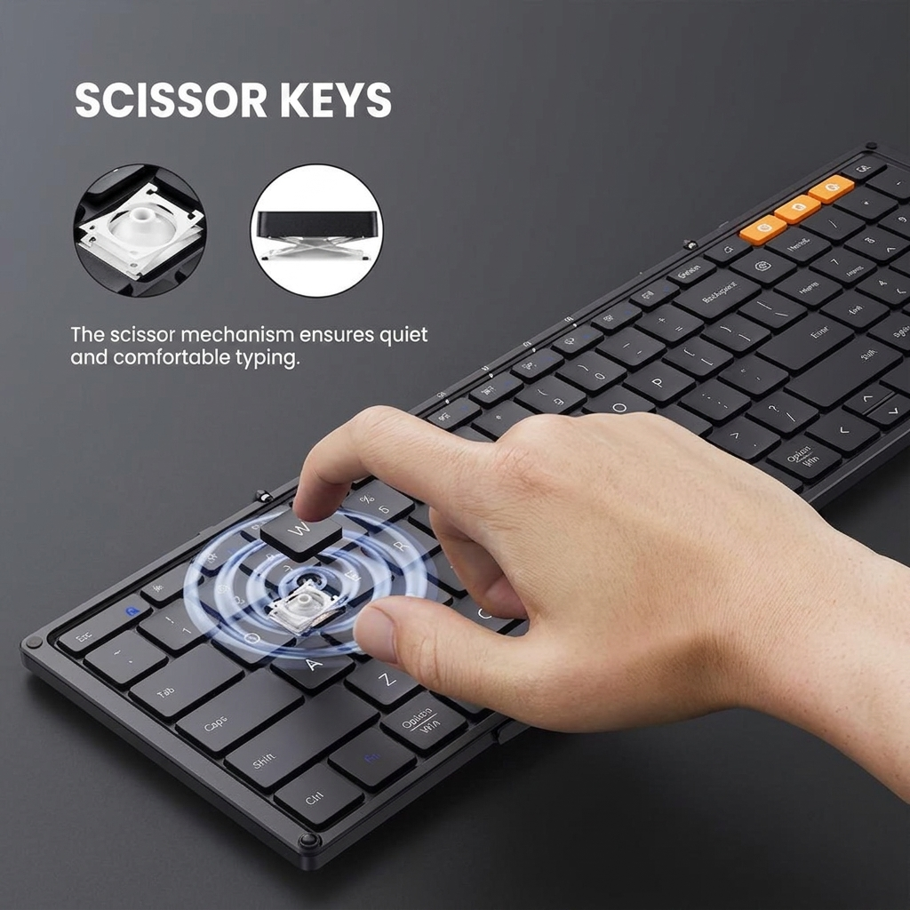 Une main appuie sur une touche d'un clavier noir à mécanisme à ciseaux, illustré par deux schémas.